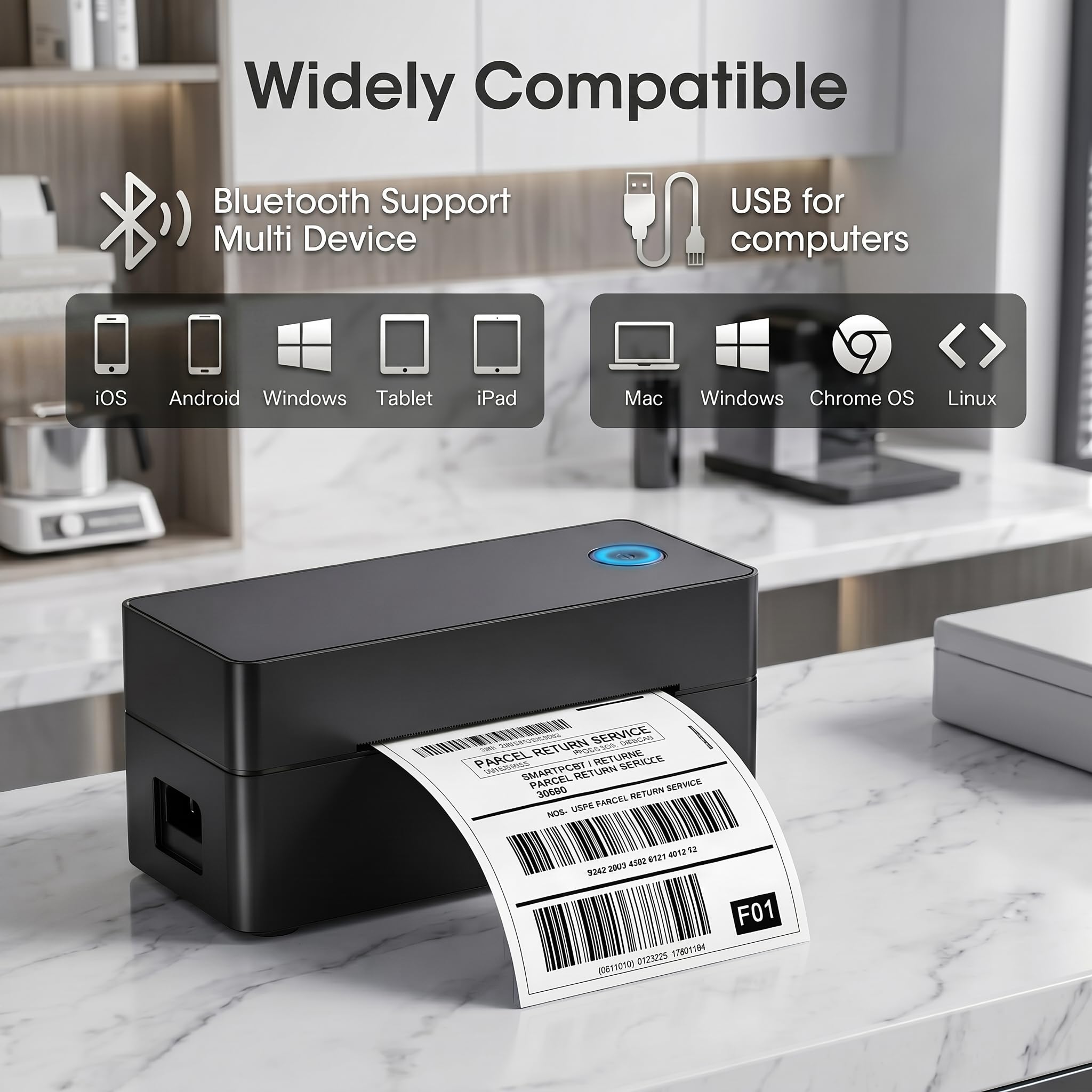 Stampante Etichette Termica 4x6 Nera – Bluetooth e USB, Senza Inchiostro – Include Chiavetta USB Driver – Per Magazzino e Spedizioni