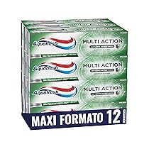 Aquafresh Dentifricio Multi Action per tutta la Famiglia, Previene le Carie, Gengive Sane, Alito Fresco, Rimuove le Macchie, Smalto Forte, Pacco da 12 x75ml