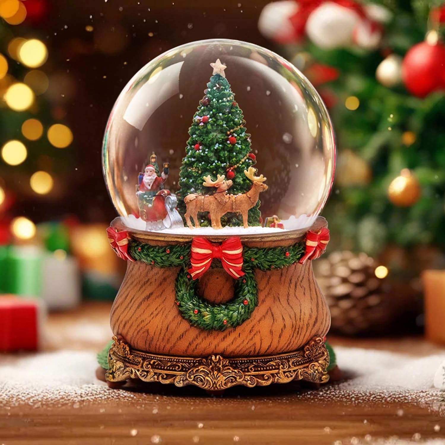 Santa Sleigh and Reindeer Christmas Tree Snow Globe, Glittering Snowflakes, Festive Decoration, for Family, Friends, Plays Jingle Bells Tune