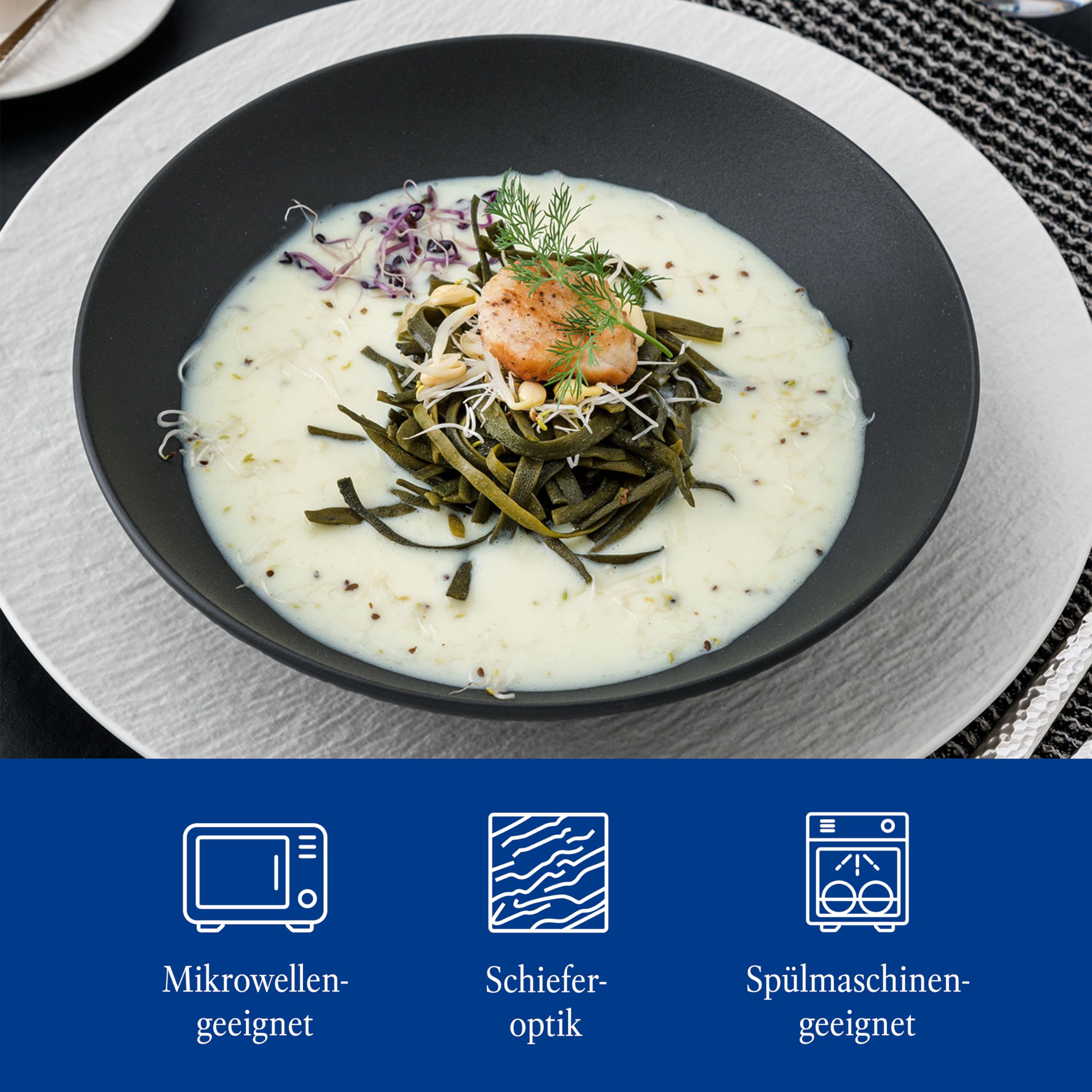 Villeroy & Boch – Manufacture Rock Schale Schwarz Matt, Deko Teller, Dekoschale, Platzteller, Schwarze Schale, Schüssel, Geschirr, Tiefer Speiseteller, Essteller, Schieferoptik, Premium Porzellan