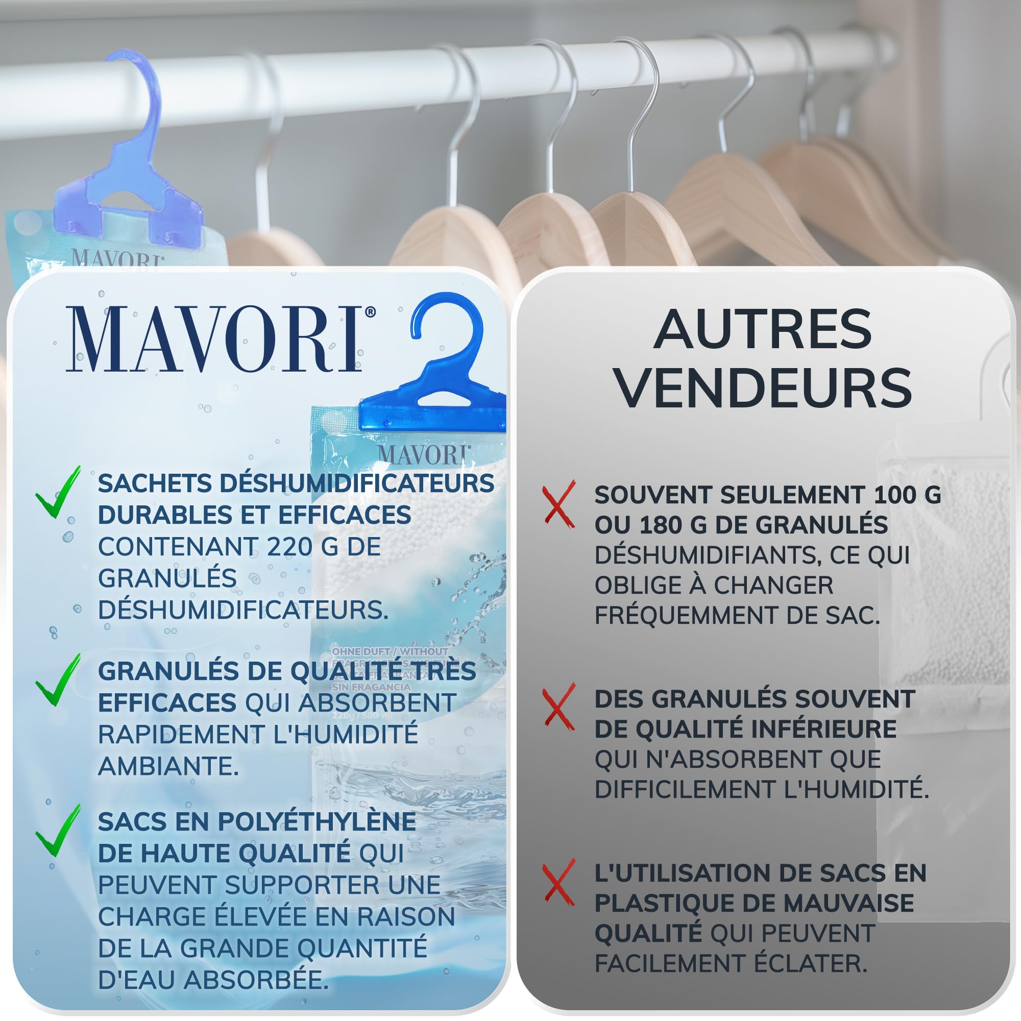 Lot de 10 déshumidificateurs XL à suspendre I sacs déshumidificateurs I déshumidificateur armoire et absorbeurs d'humidité pour pièces contre l'humidité, les moisissures et les odeurs