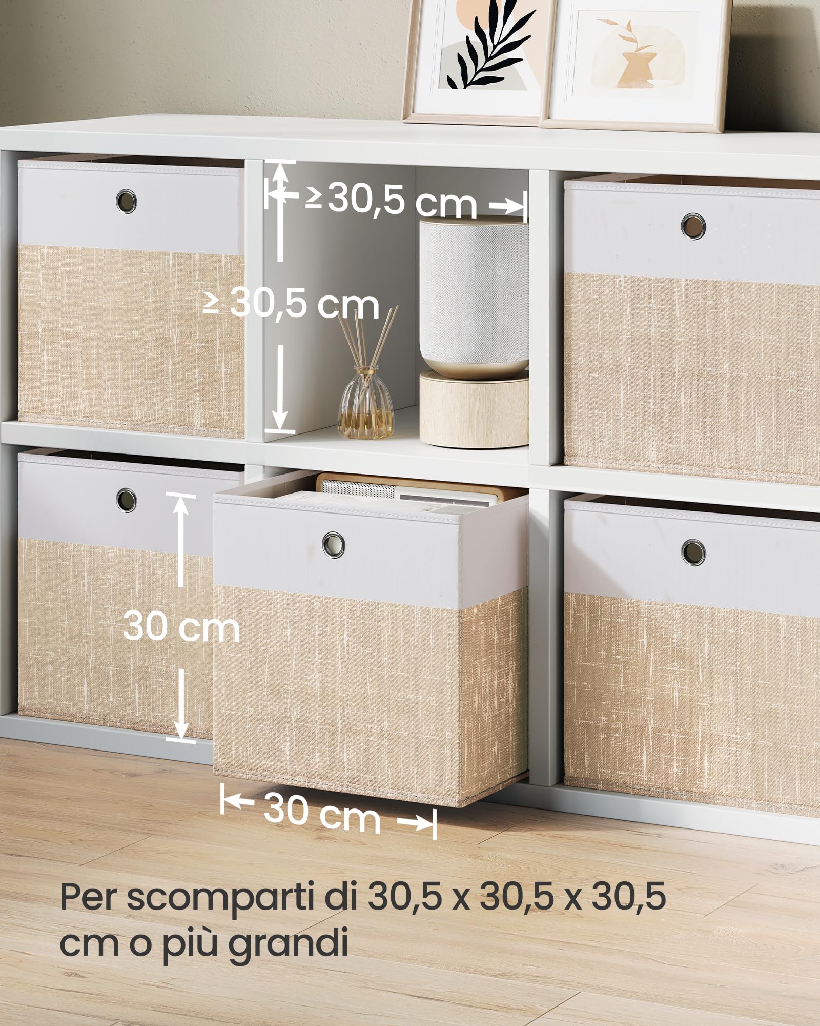 SONGMICS Scatole Portaoggetti, Set di 6, Contenitori in Tessuto, Pannelli in PP, Inodori, Pieghevoli, per Scaffale a Cubo, 30 x 30 x 30 cm, Bianco Nuvola e Beige Sabbia RFB430LF02