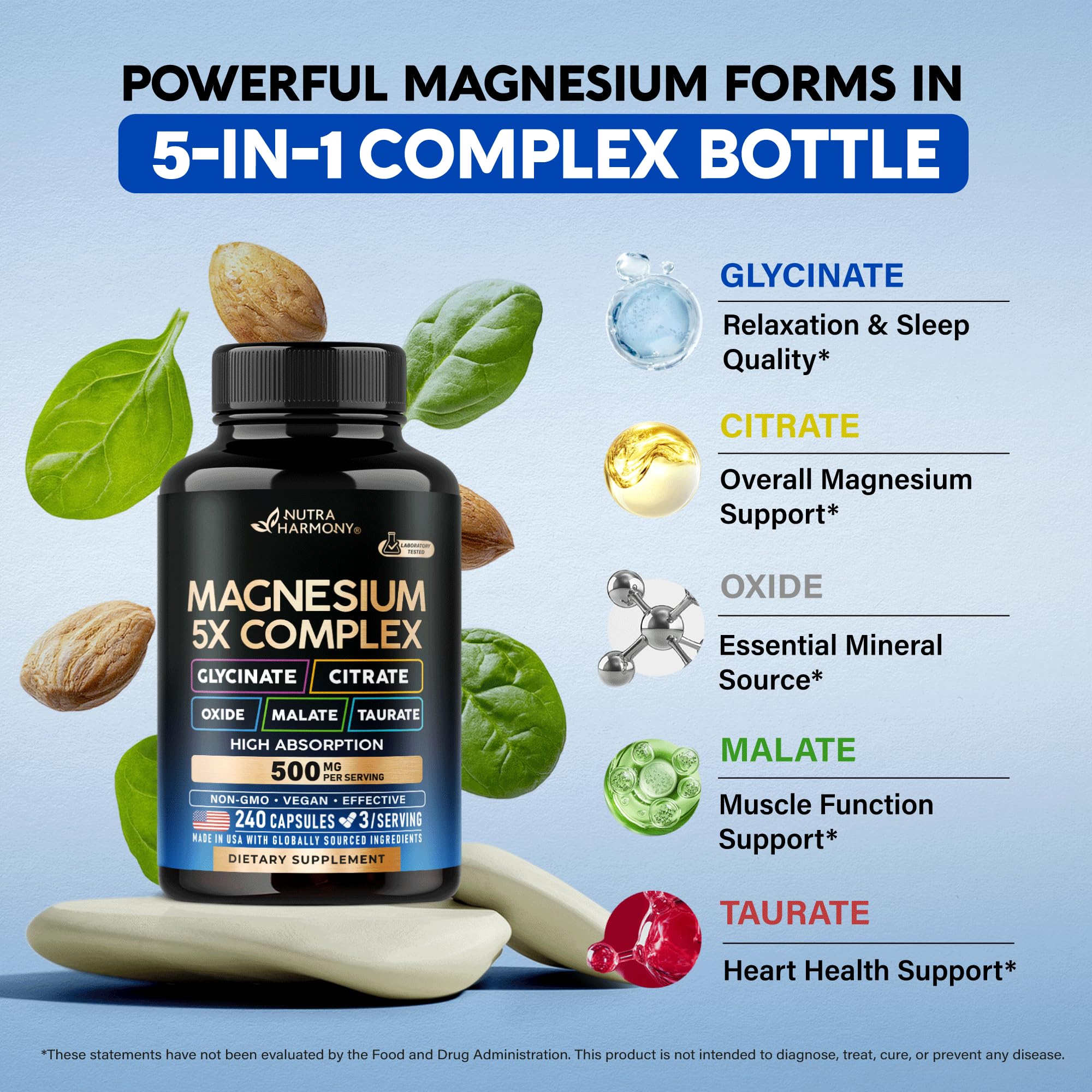 Magnesium Supplement - 5 in 1 Complex 500 mg | Glycinate | Citrate | Malate | Taurate | Oxide - Made in USA - Stress, Muscle & Heart Support - Vegan, Natural, Non-GMO - 240 Capsules