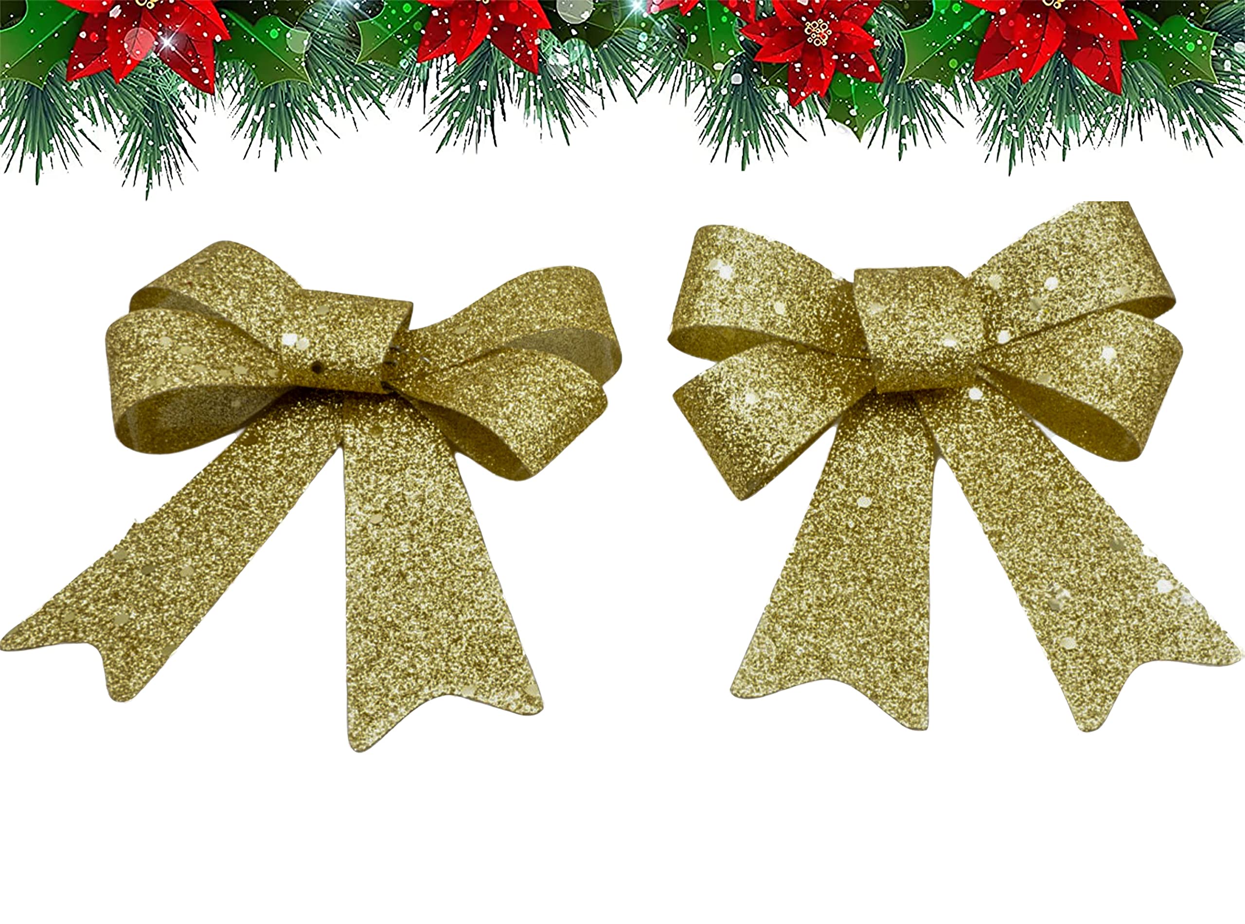 SRV Hub Pack of 2 Christmas Decoration Bows- Christmas Decor- Christmas Craft Bows for Wreath Indoor Outdoor Wall Decorations (11cm Champagne Gold Glittered Sequin Bows)