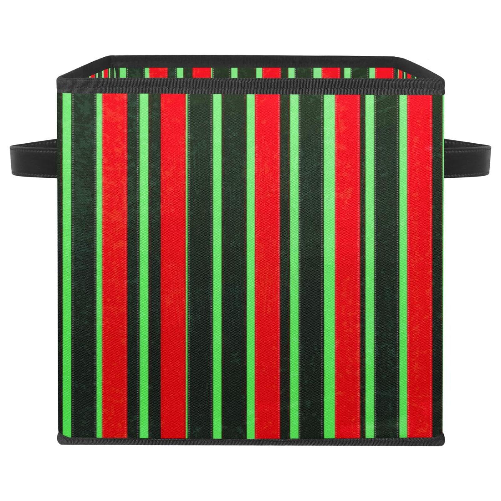 Boîte de rangement en tissu rayé vert et rouge avec poignées solides