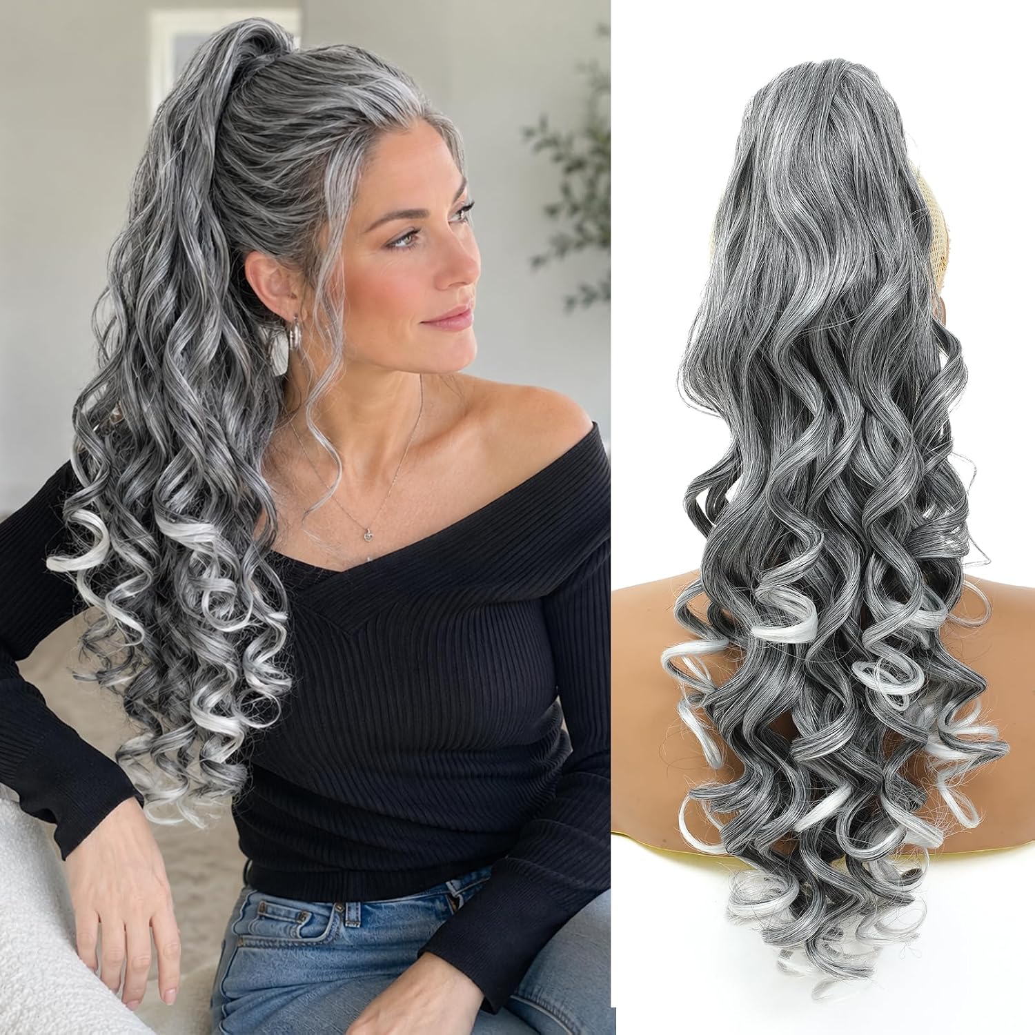 Claw Clip Ponytail Extensions Wavy Ombre T1B Grey 24 Inch