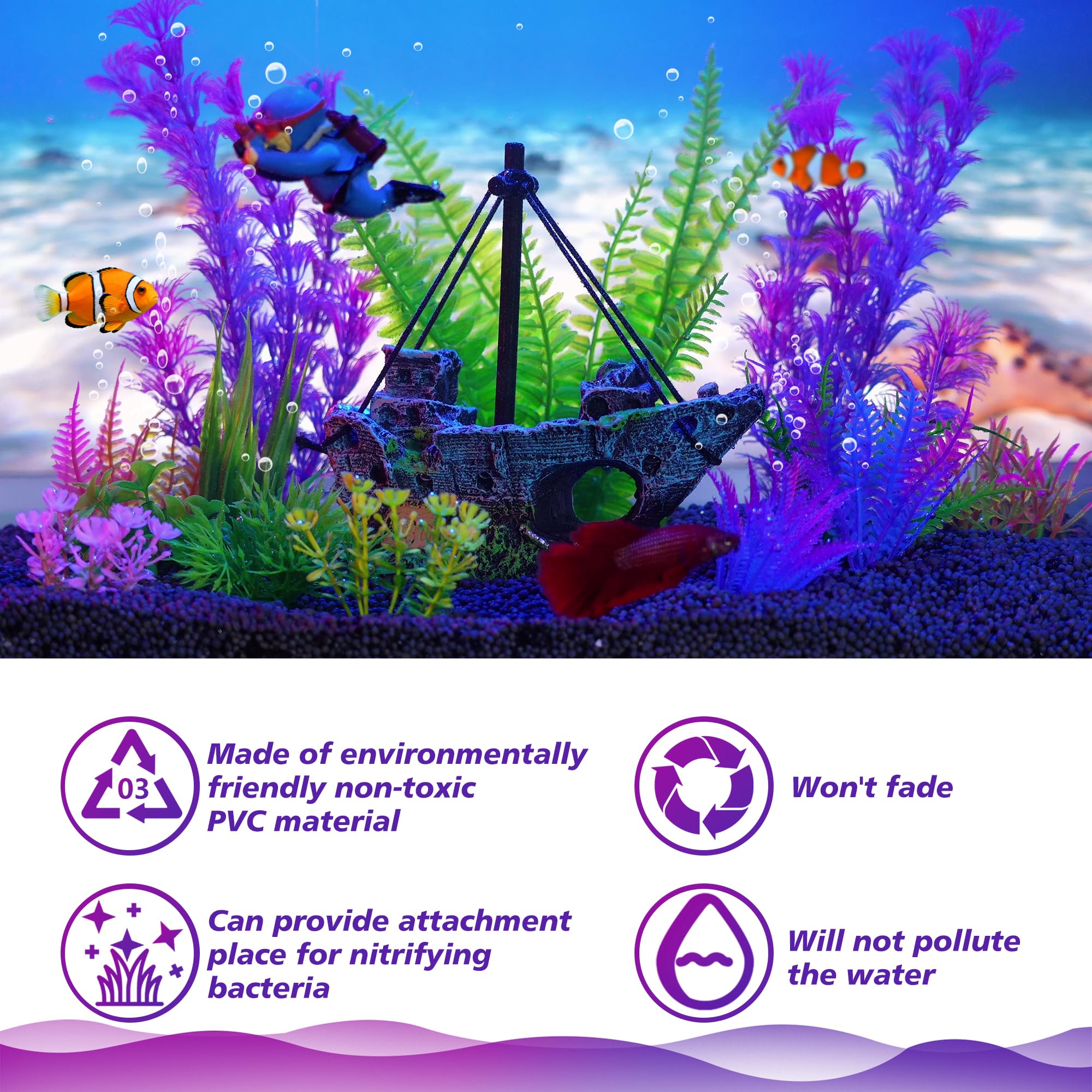 Ameliade Aquarium-Deko-Set mit Schiffswrack-Dekoration, kleiner Taucher schwimmend & 13 Wasser-Kunstpflanzen – Betta-Pflanzen & Verstecke für Aquarien und kleines Aquarium-Zubehör