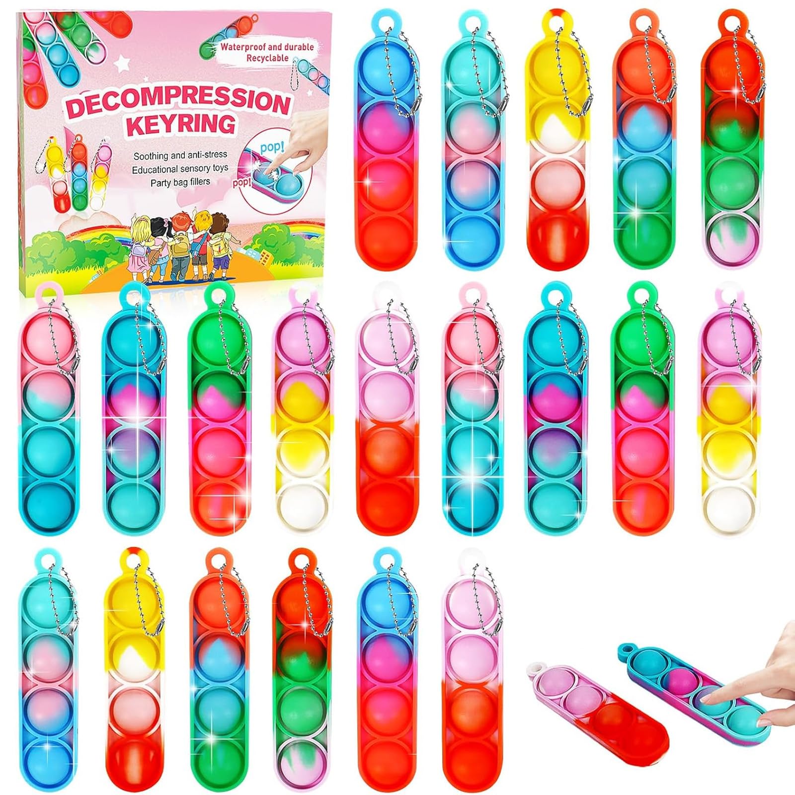 Gytera 20 Packs Fidgets Keyring Pop Fidget Toys Adults, Pop Keychain Bulk Toys, Squeeze Toys for Autism Silicone Stress Relief Toys, Stocking Stuffers