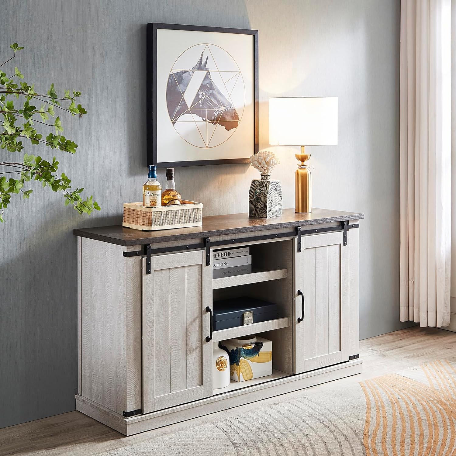 Television Stands Entertainment Centers Modern Farmhouse Wood TV Stand for TVs up to 65 Inch, Home Living Room Storage Table Cabinet Doors and Shelves Stone, Light Gray