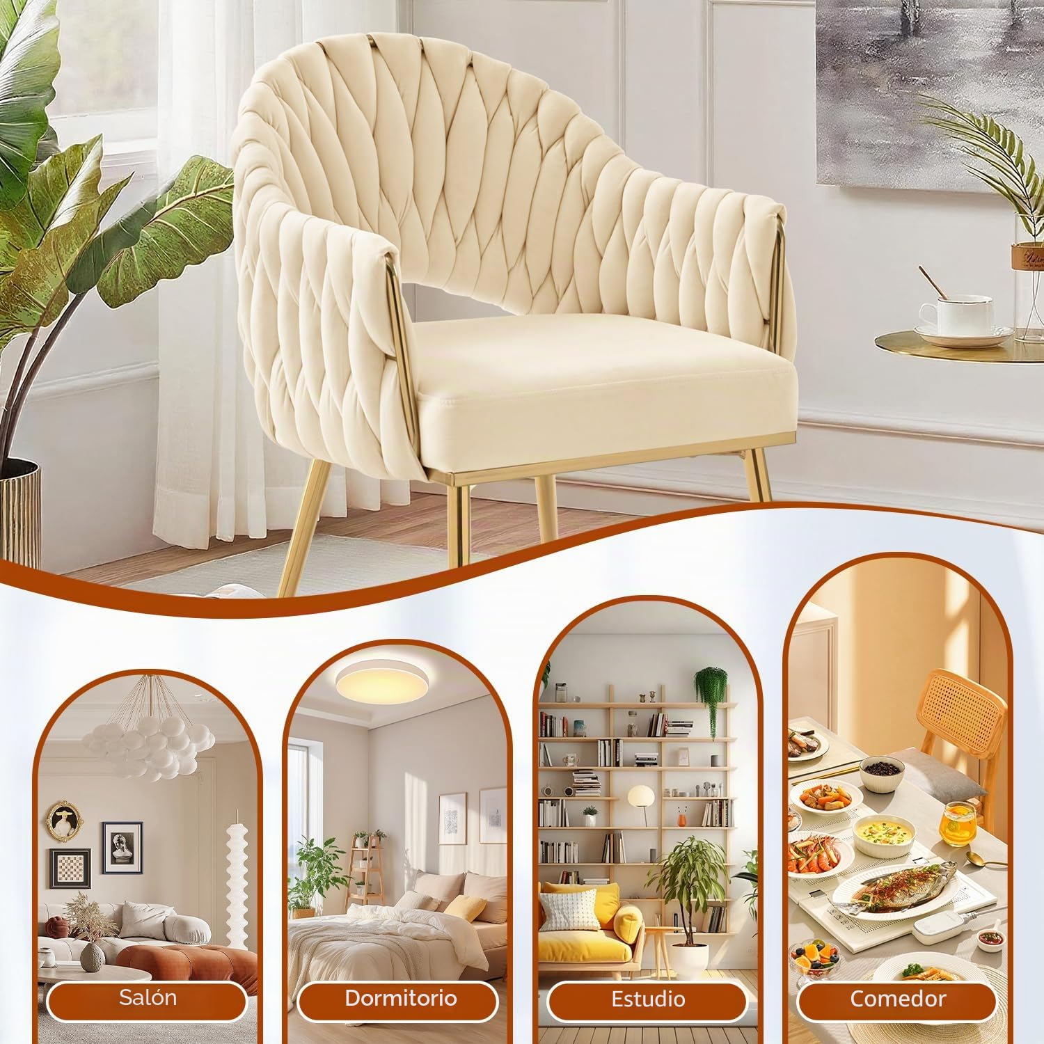Juego de 2 sillas de Comedor de Terciopelo, sillones de salón, sillas de Comedor con reposabrazos, sillas de Cocina con Respaldo Alto Trenzado a Mano, Silla de tocador con Patas Doradas,Blanco