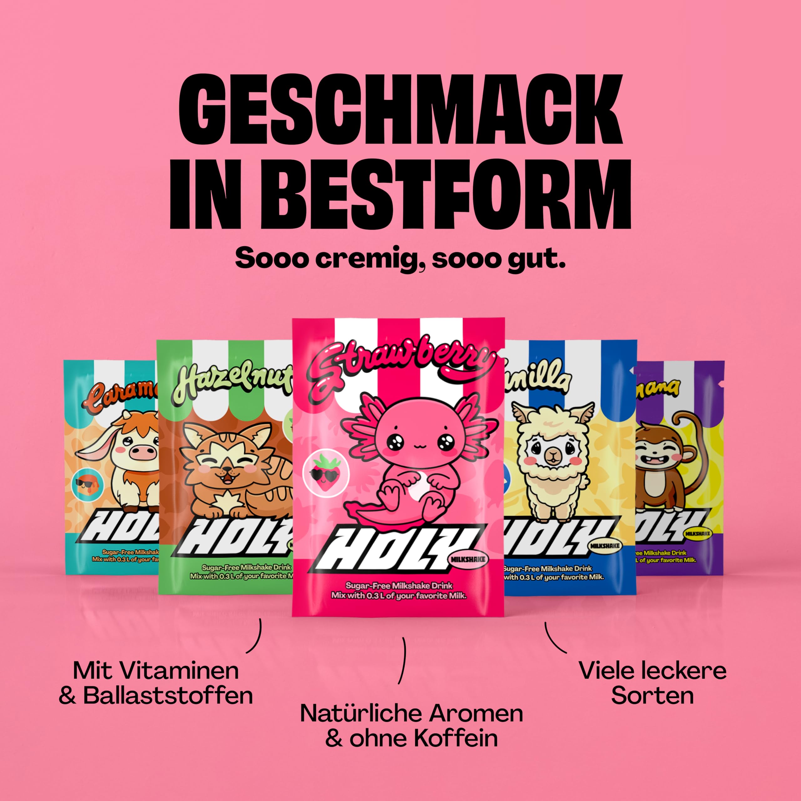 HOLY Milkshake Starter Set - 3x5 Sorten - mit Vitaminen B, C & D und 100% natürlichen Aromen – zuckerfrei, koffeinfrei & vegan – kalorienarmes Milchshake Pulver inklusive Shaker