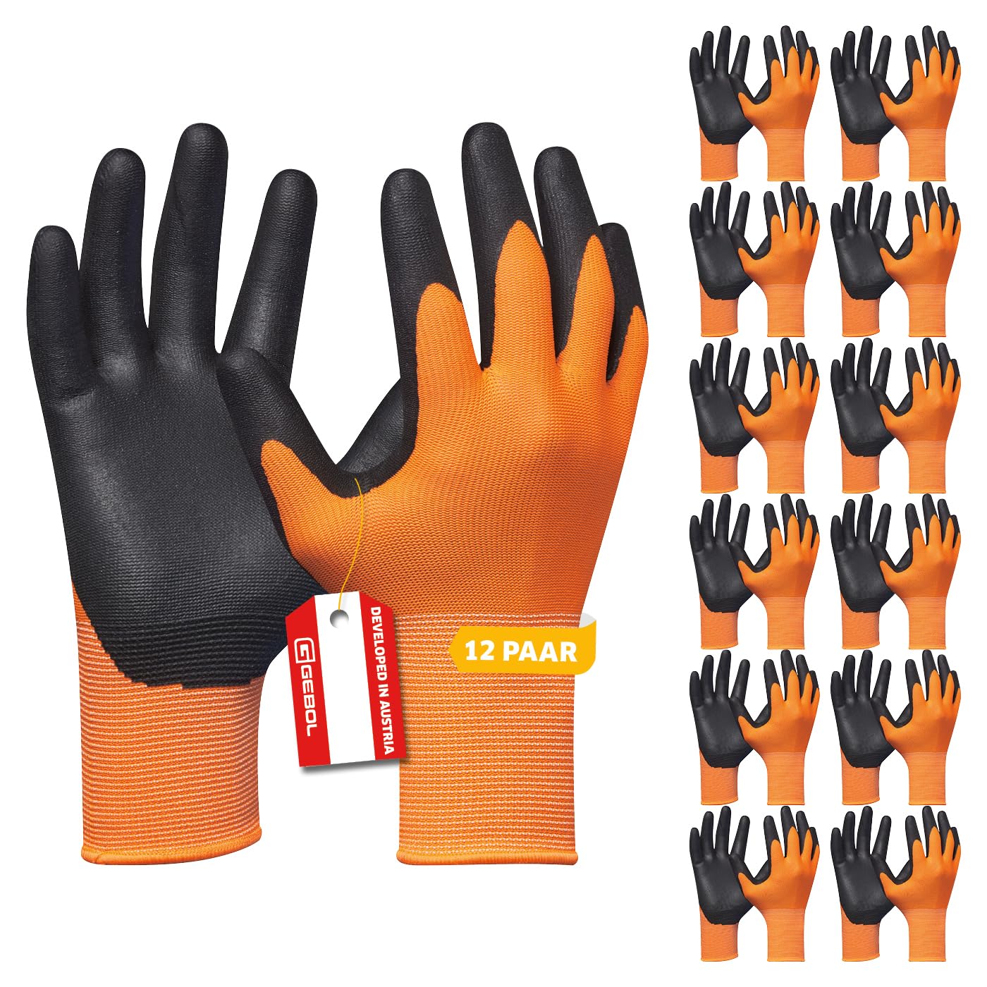 Gebol Eco Flex Orange | Gants de travail avec revêtement en nitrile respirant | Gants pour travaux de montage | Pour homme | Taille L (taille 9) | Orange | Lot de 12 paires