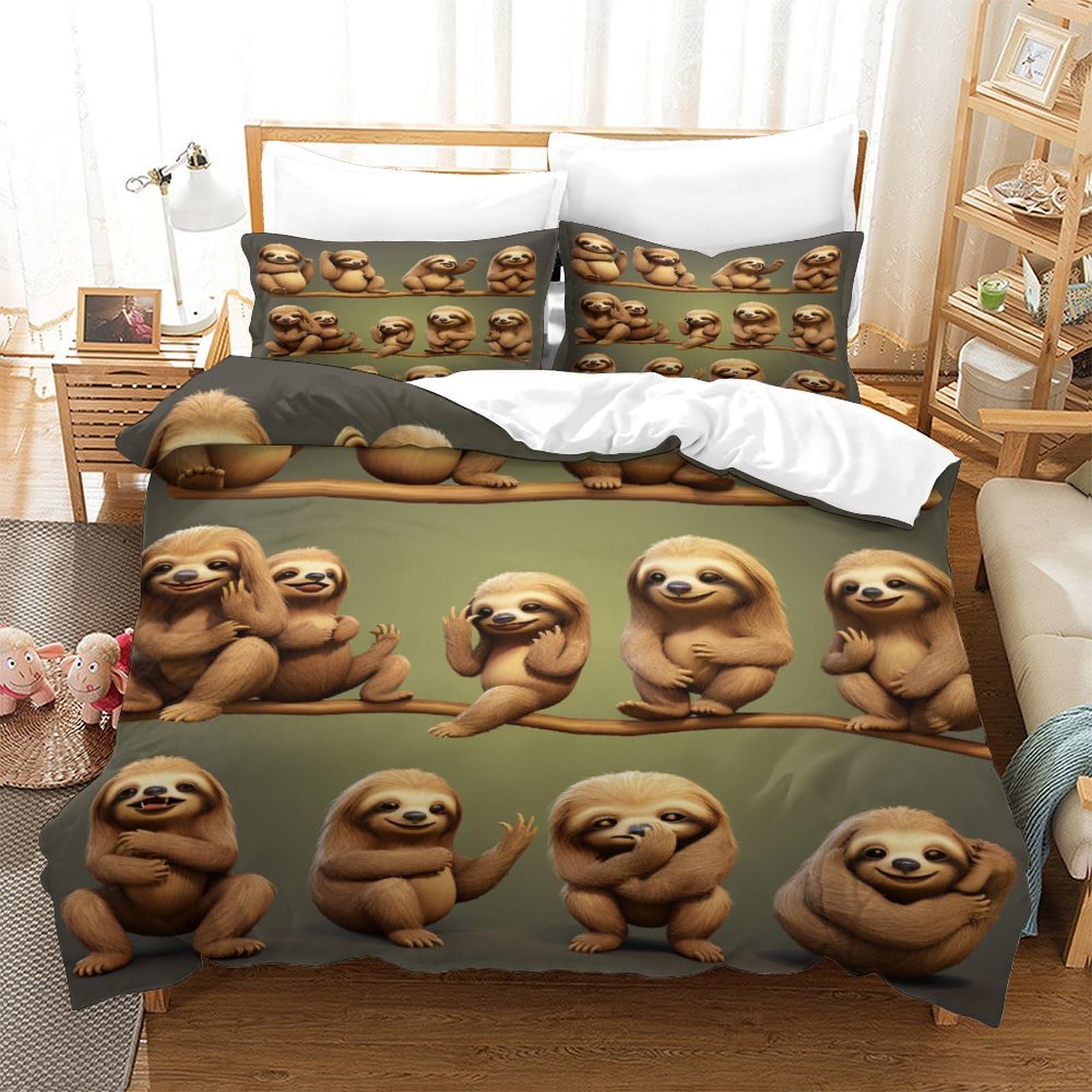 P1S9U7W5Y Cute Sloth 3D Printed Duvet Cover Set 3pcs Microfiber Sloth Bedding Set Double