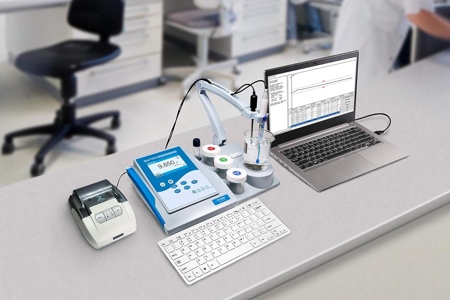 Apera PH9500 Benchtop pH Meter connected to a laptop and a small printer, demonstrating data output capabilities.