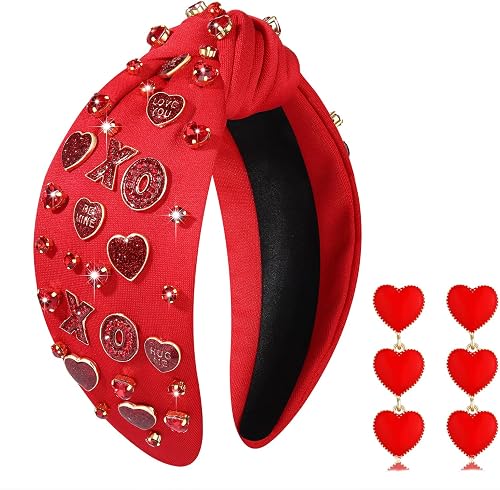 Valentine's Day Headband for Women XOXO LOVE Conversation Heart Headband Jeweled Red Pink Crystal Knotted Headband Valentines Galentines Day Hair Accessories Party Gifts (Red3)