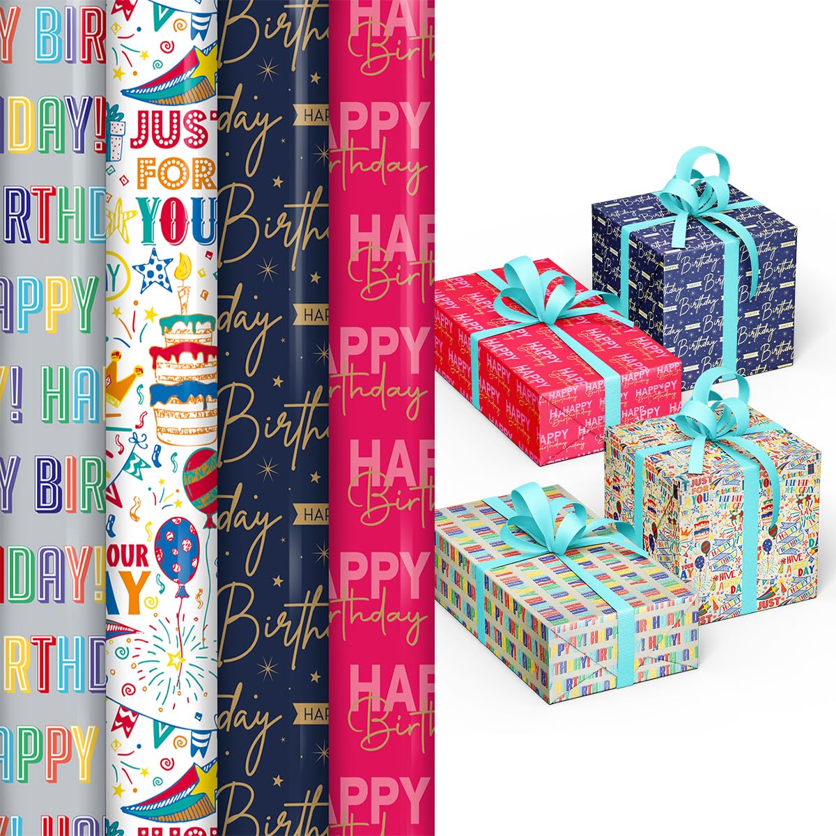 ZOPPER 4 x 3M Happy Birthday Wrapping Paper Roll - Wrapping Paper Unisex Perfect for Birthday Gift Decorations Party Presents and Festive Decoration
