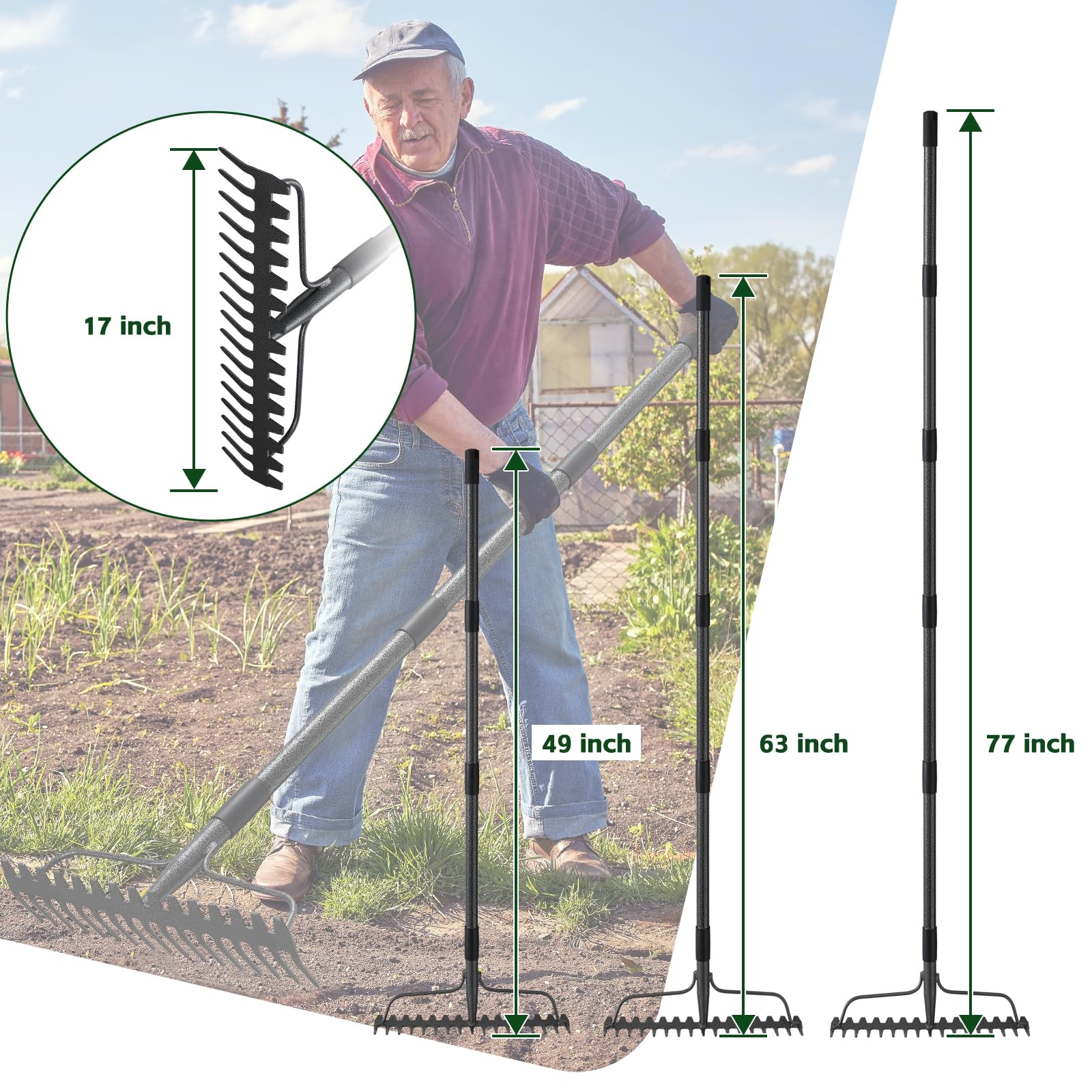 Râteau à Arc de 124 cm, râteau à tête métallique à 17 Dents avec poignée en Acier Inoxydable, râteau de Jardin Robuste pour ameublir Le Sol, ramasser Les Feuilles, niveler la pelouse, l'agriculture