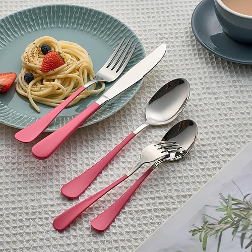 Miniatura 7 de Juego de cubiertos de 20 piezas rosa 180 para 4, incluye cuchillo de cena, tenedores de cena, cucharas de cena, tenedores de ensalada, cucharaditas,
