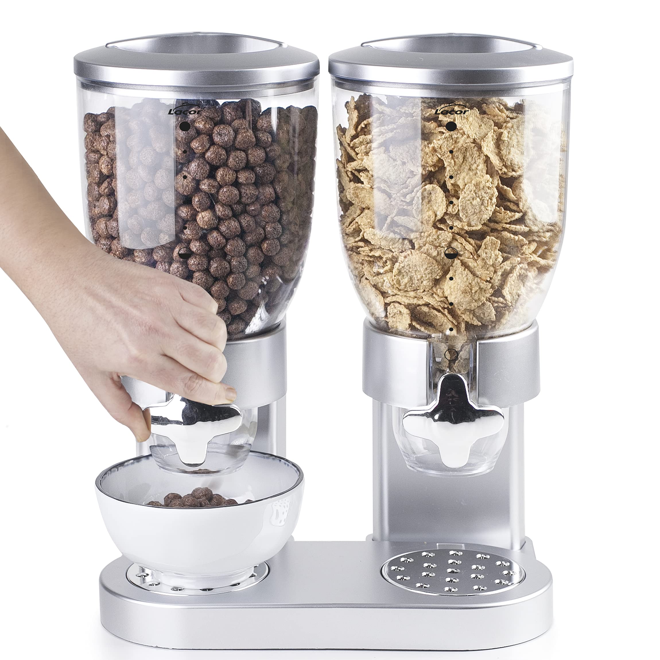 LACOR 62597 Distributeur de céréales, Fruits secs, pâtes et Bonbons, Double récipient, Deux récipients de 3,5 L, système Rotatif, sans BPA, 33 x 20 x 42 cm, Gris