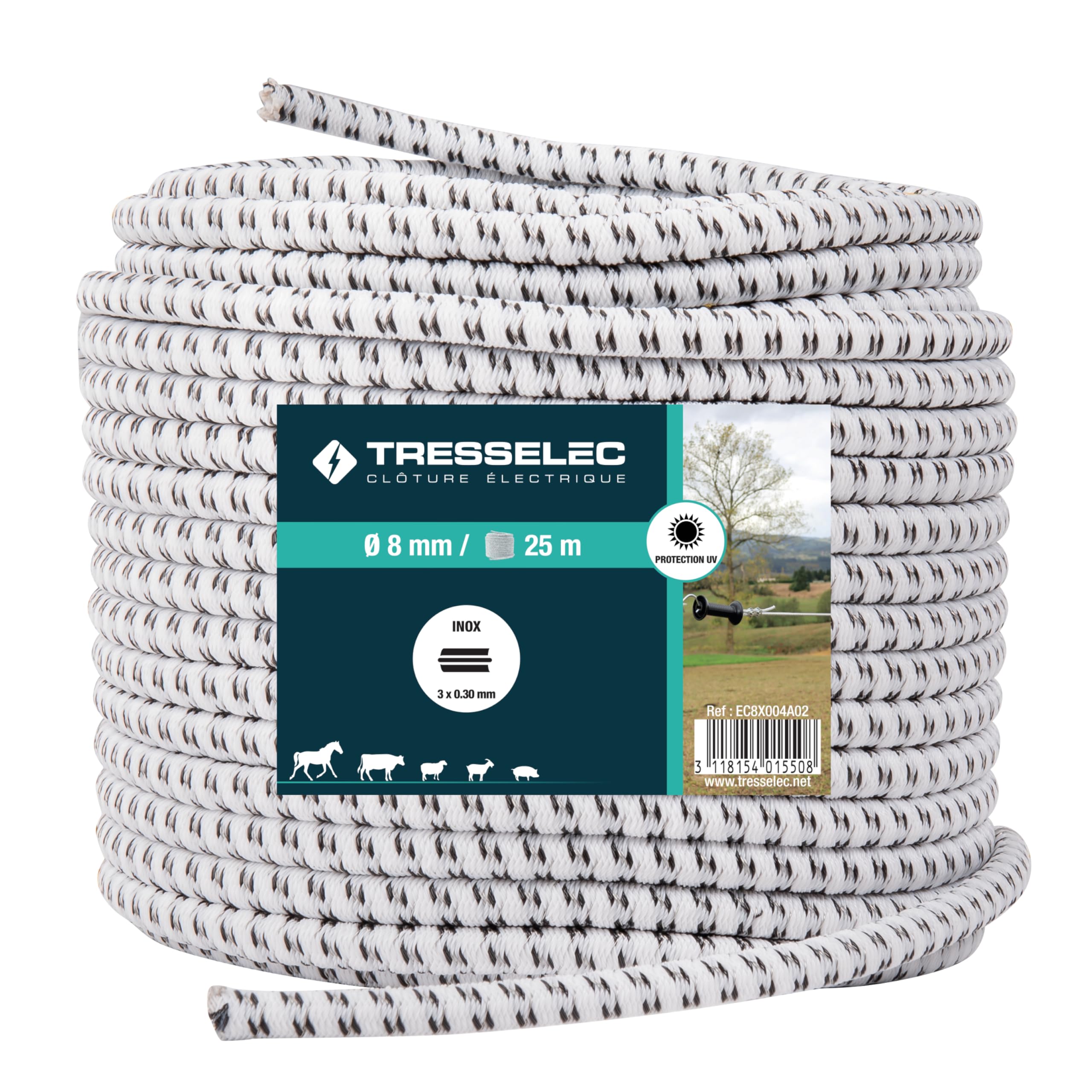 Câble élastique éléctrique 25 m - Très extensible - Résistant aux UV - 8 mm - Idéal pour ouvertures, séparations, paddocks