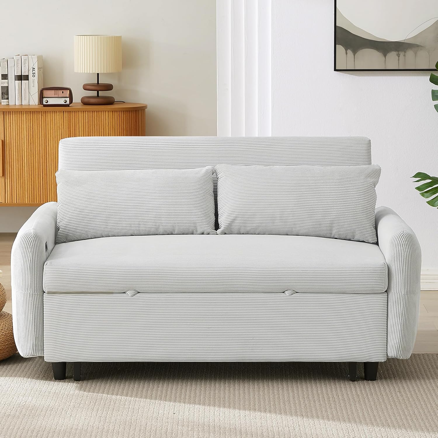 P PURLOVE Upholstered Modern Sofa Bed with Armrest, Convertible Sofa Couch with Adjustable Backrest, Corduroy Sleeper Bed with 2 Pillows and USB Port, Pull Out Sofa Bed for Living Room (Light Blue)