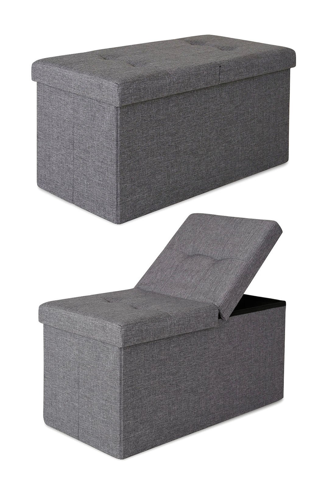 tavora Sgabello cassapanca pieghevole Panca con Contenitore con Coperchio a Cerniera 76x38x38 cm, in Lino Grigio | Panca contenitore stabile con rivestimento in lino, ampio spazio e coperchio a cerniera per soggiorno, ingresso o camera