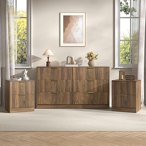 3-Piece Modern Bedroom Furniture Set, Wide 6-Drawer Dresser & 2-Drawer Nightstands Set of 2, Natural Wood Dresser and Nightstand Sets for Bedroom, Hallway, Walnut