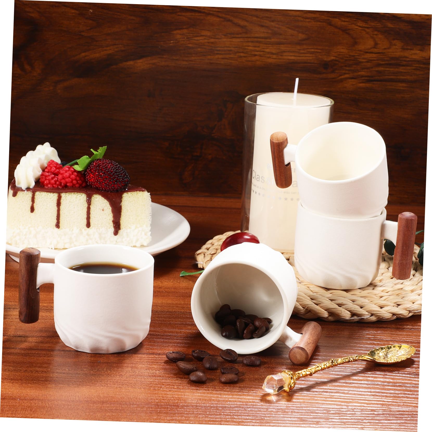 4 Stück Keramik Espressotassen mit Holzgriff Weiß Kompakt Angenehmes Trinken für Kaffee