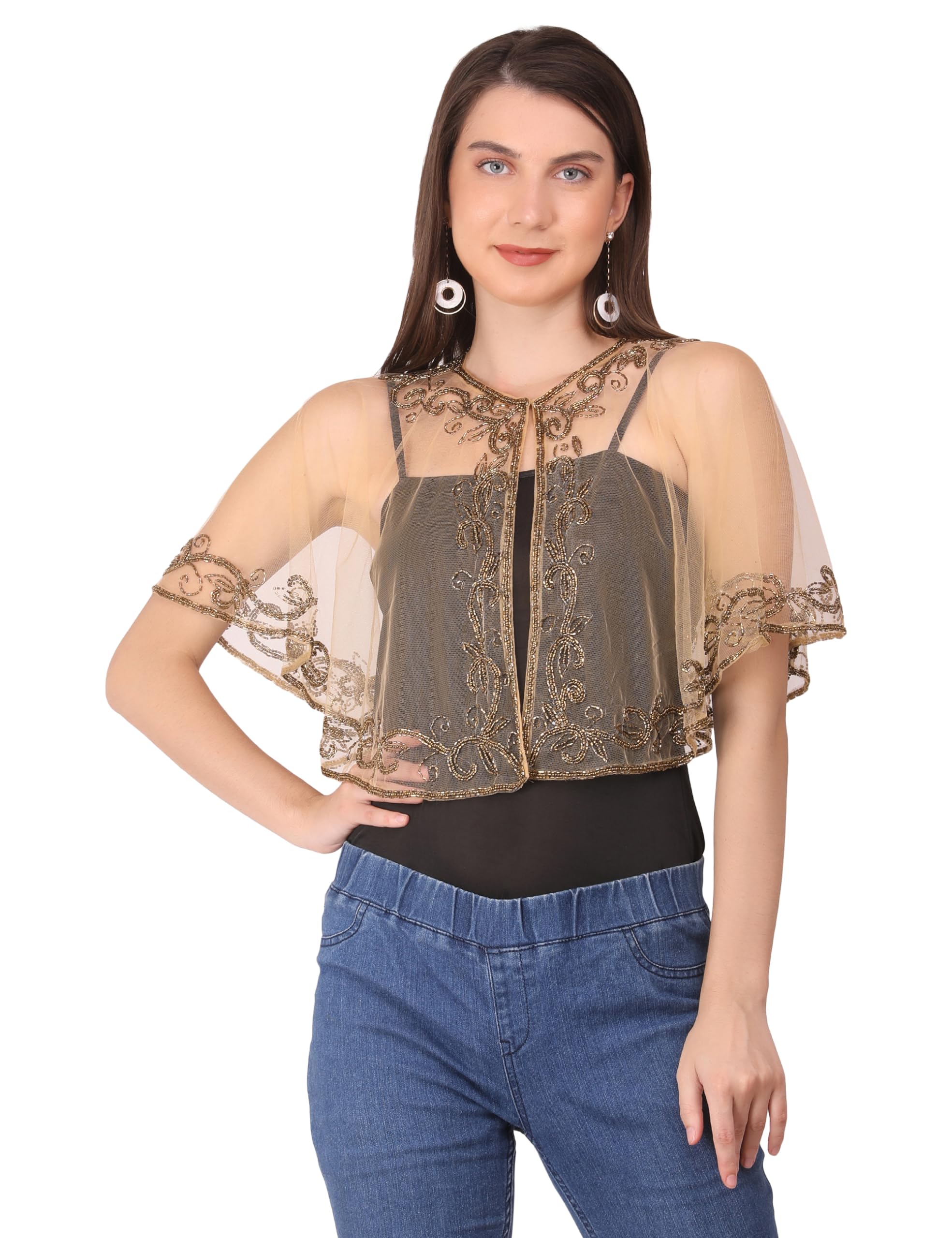 unfakenow women ethnic poncho fancy open front sequin embellished short shrug bolero net crop jacket cape sleeves top cardigan for wedding-picture-19