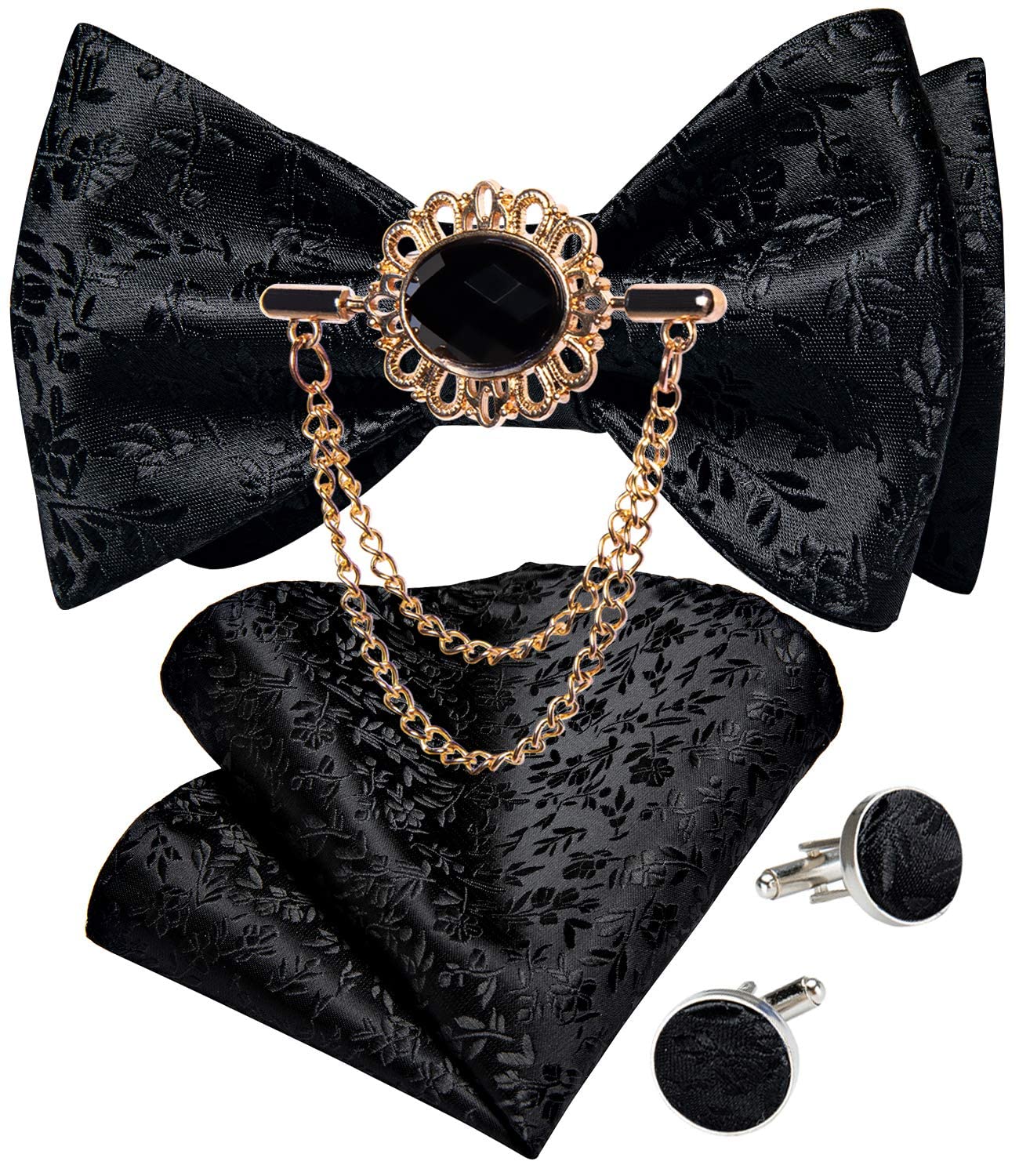 DiBanGu Paisley Floral Bow Tie Set with Lapel Pin Formal Wove Self Bow Tie Pocket Square Cufflinks Set