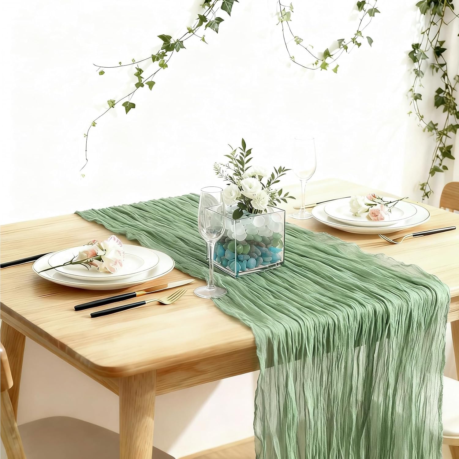 Suream 35 x 120 Inch Table Runner, 12 Packs Fabric Runners for Wedding Birthday Baby Shower Party Boho Table Decoration(Sage Green)