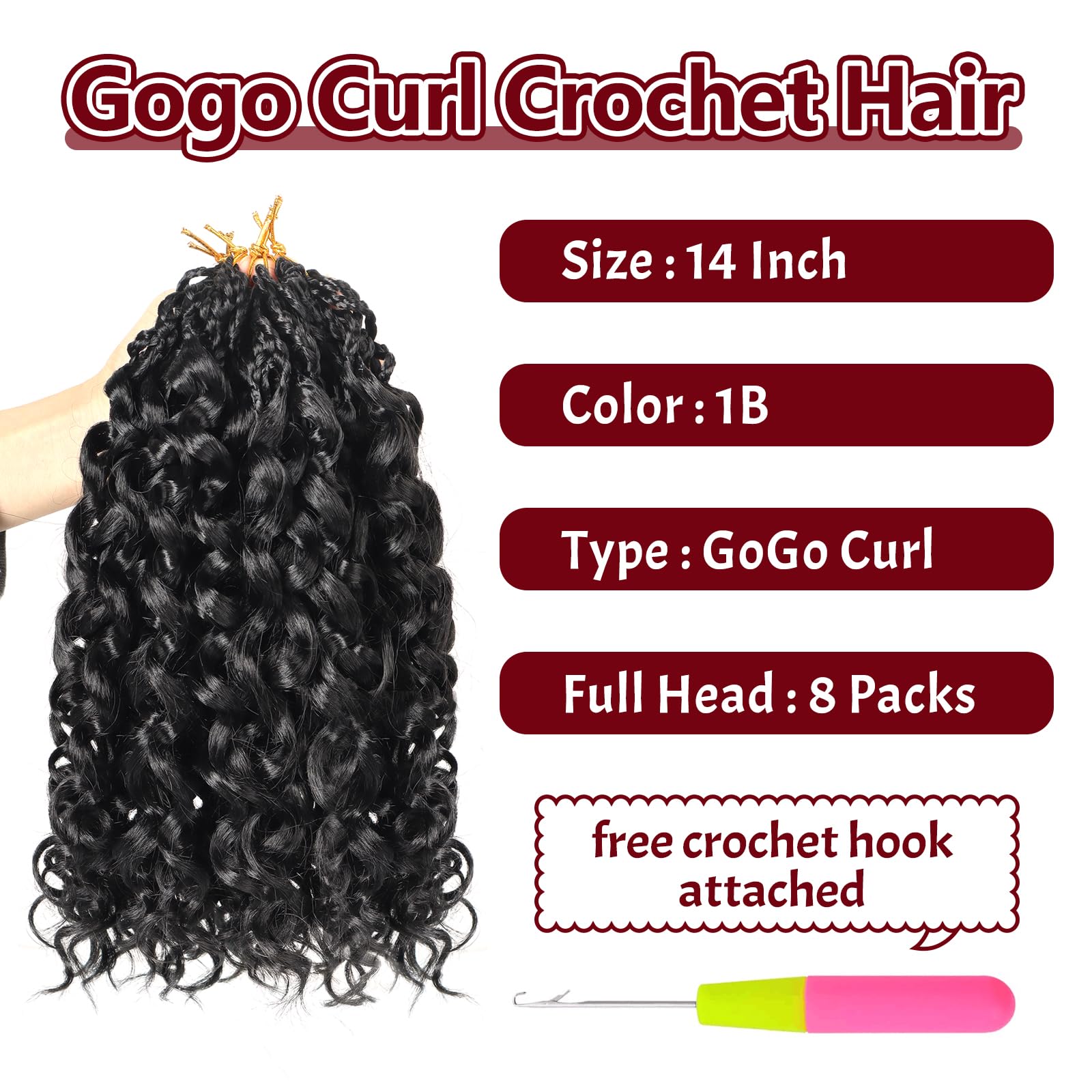 Datanala GoGo Curl Crochet Hair 14 Inch Water Wave Crochet Hair 8 Packs Long Beach Pre Looped Curl Crochet Braiding Hair Synthetic Extensions For Women (1B - Image 4