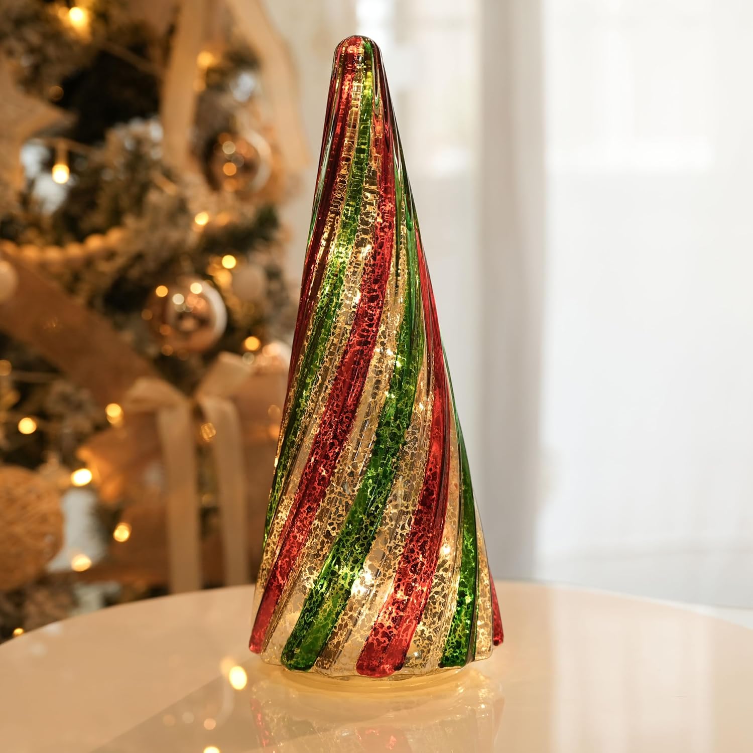 12-Inch Mercury Glass Christmas Tree with Lights, 6-Hour Timer, Battery-Operated Holiday Decoration, Steady-On and Twinkling Light Effects for Festive Atmosphere and Gifting-Red and Green