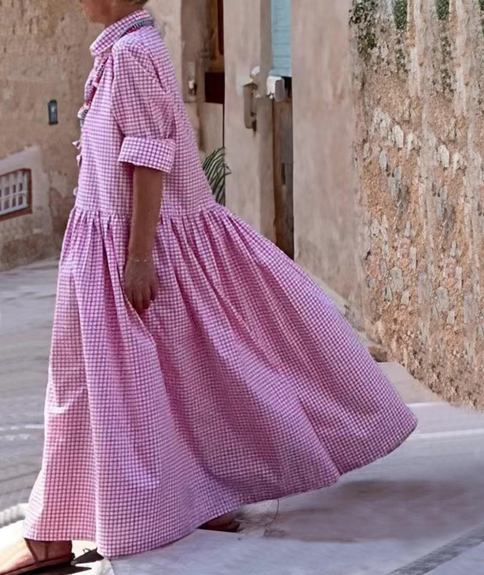 SOMTHRON Maxi abito da donna a maniche lunghe, plissettato, a quadretti, stile retrò, con bottoni