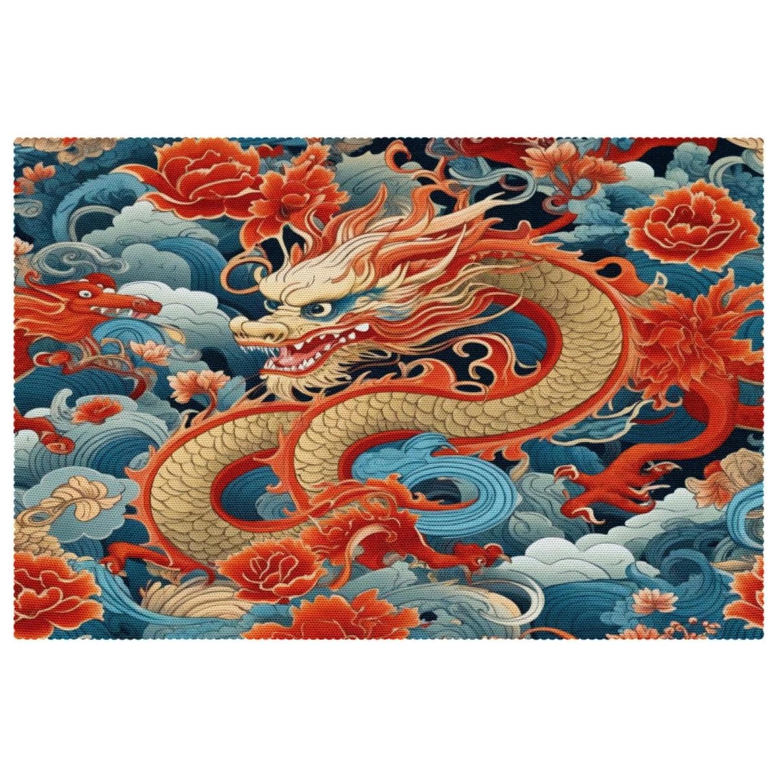 Set de table dragon chinois pivoine rouge tissu Oxford résistant chaleur lot de 4