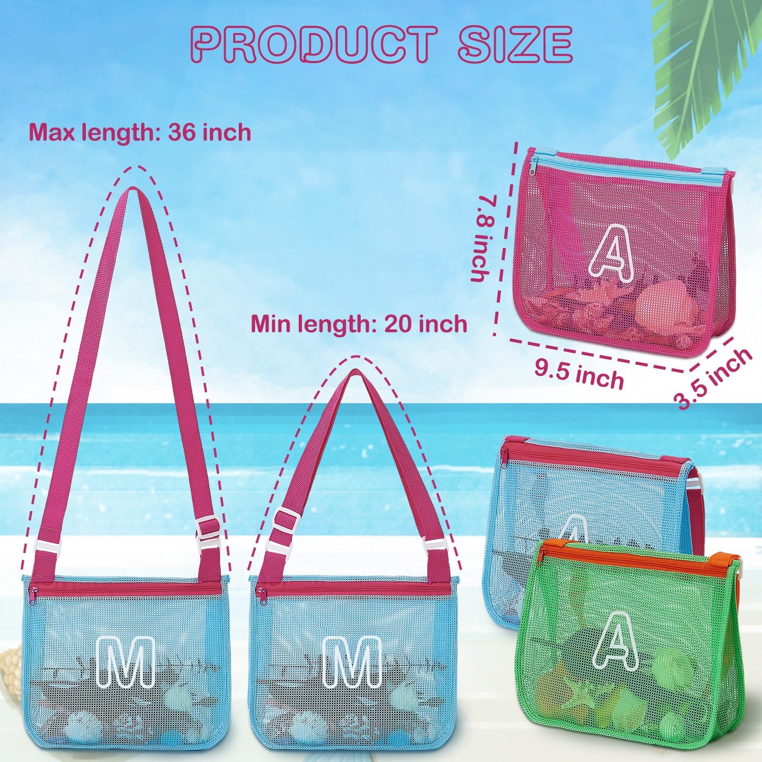 3Pcs Alphabet Printed Seashell Bags, Lightweight & Foldable Kids Beach Toy Mesh Bags with Adjustable Straps, Waterproof and Portable for Pool and Beach Essentials-M