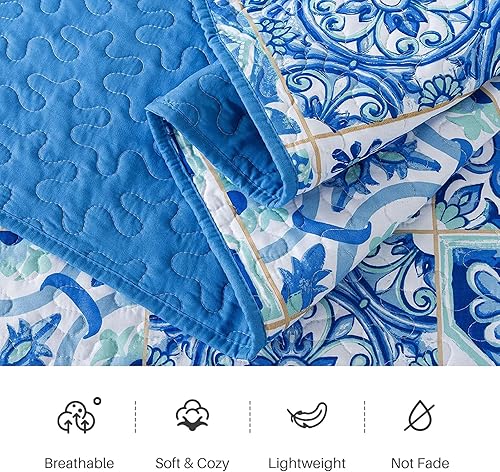 Miniatura 4 de Dephora Quilts - Colcha de microfibra para todas las estaciones, juego de cama de 3 piezas, ligero, bordado, azul y blanco marroquí