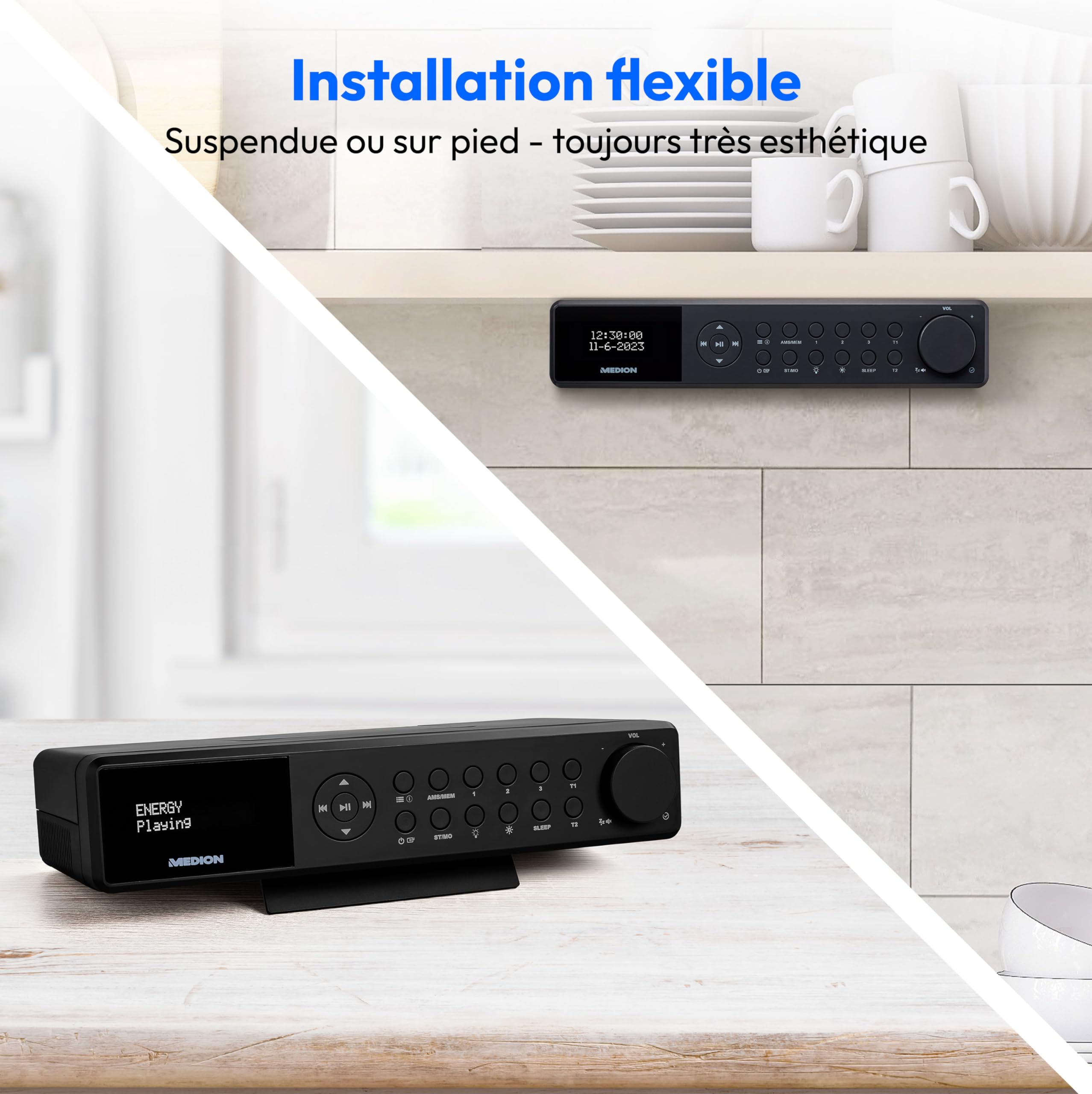 Radio de Cuisine encastrable MEDION E6660 (Radio de Cuisine Dab+, Radio FM PLL, Bluetooth, Barre Lumineuse LED, encastrable, minuterie de Cuisson, Affichage de l'heure) Noir