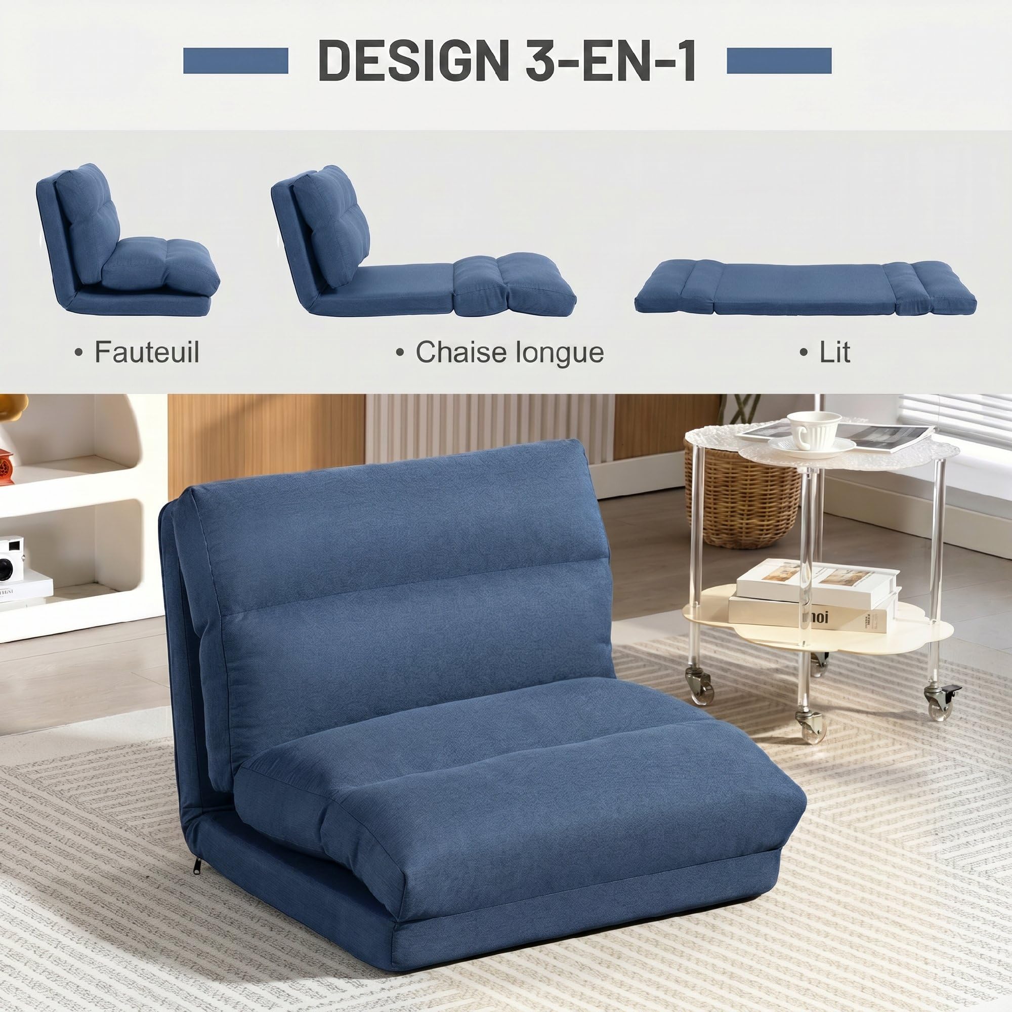 HOMCOM Canapé Paresseux Chauffeuse 1 Place, Fauteuil Paresseux Convertible en Lit, Fauteuil Salon avec Dossier Inclinable sur 5 Positions, Charge 120 kg, pour Salon Chambre Bureau, 70x72x56cm, Bleu