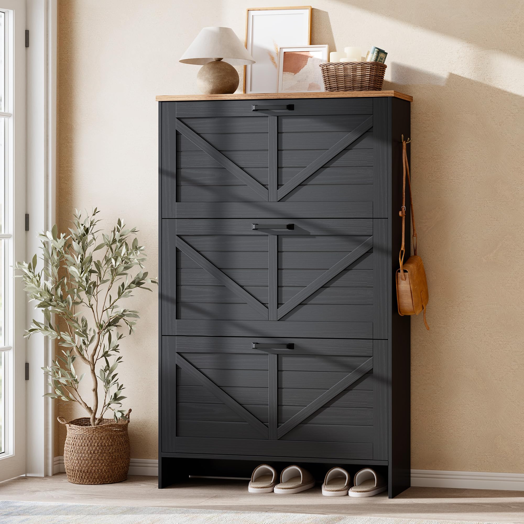 Photo 1 of *** USED/MAJOR DAMAGE/UNKNOWN MISSING PARTS OR HARDWARE***Nicetree Barn Door Shoe Cabinet for Entryway - Modern Farmhouse Shoe Storage Cabinet with 3 Flip Drawers - Slim Hidden Shoe Organizer, 3-Position Adjustable Divider, Fits Size 13, Brushed Black