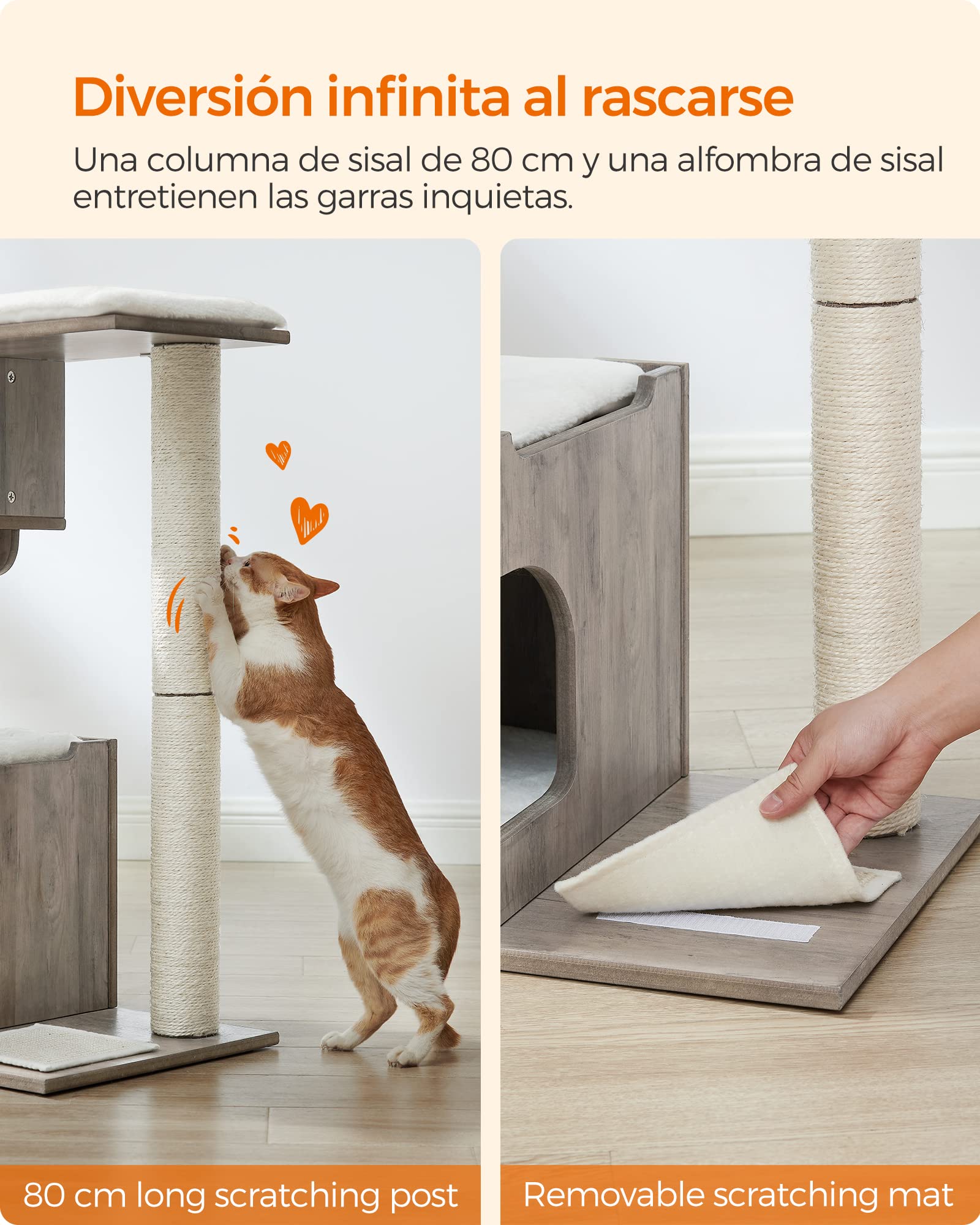 Feandrea Árbol de Gatos, Tablero de aglomerado de 86 cm de Altura, con Poste de Sisal, Plataforma, Cubierta de Piel Sintética Lavable, Greige Melange PCT070G01