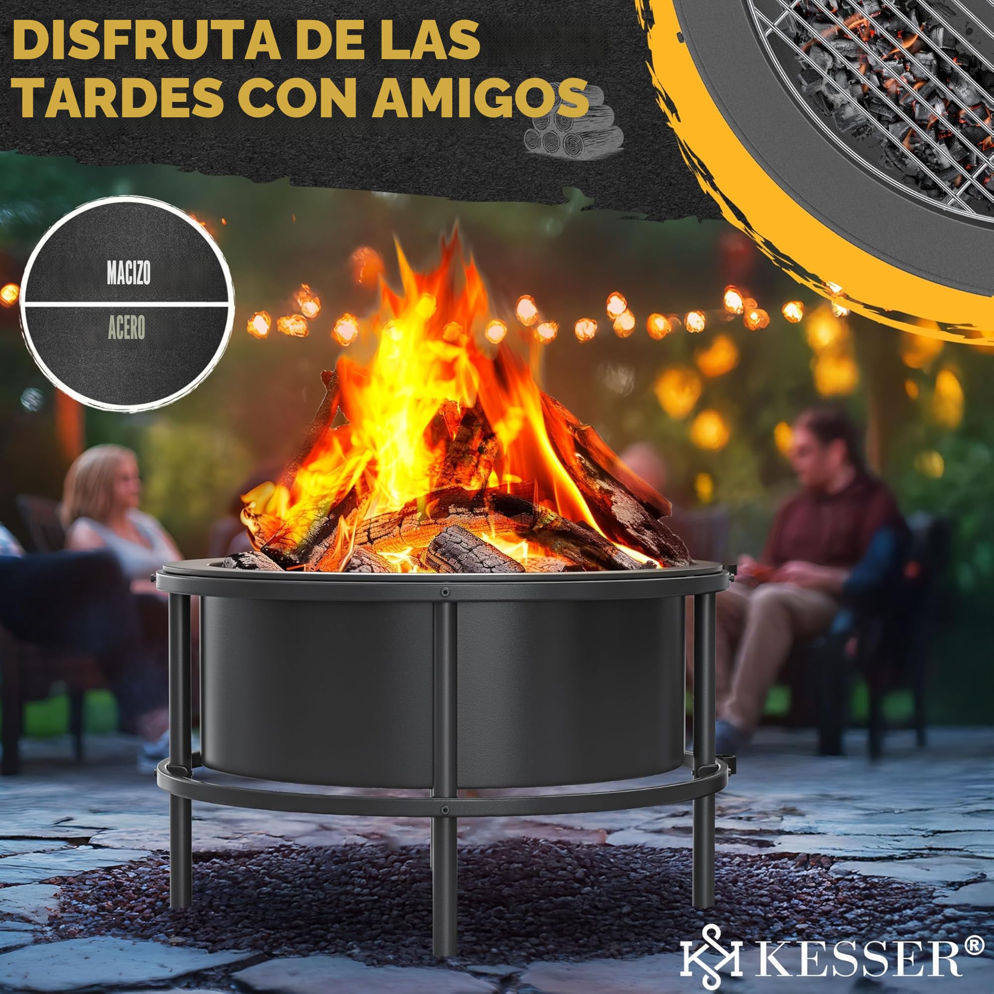 KESSER® Brasero con parrilla de 65 cm, cesta de fuego de 0,6 mm, acero frío, barril móvil neumático, brasero de madera y carbón, incluye gancho de 60 cm