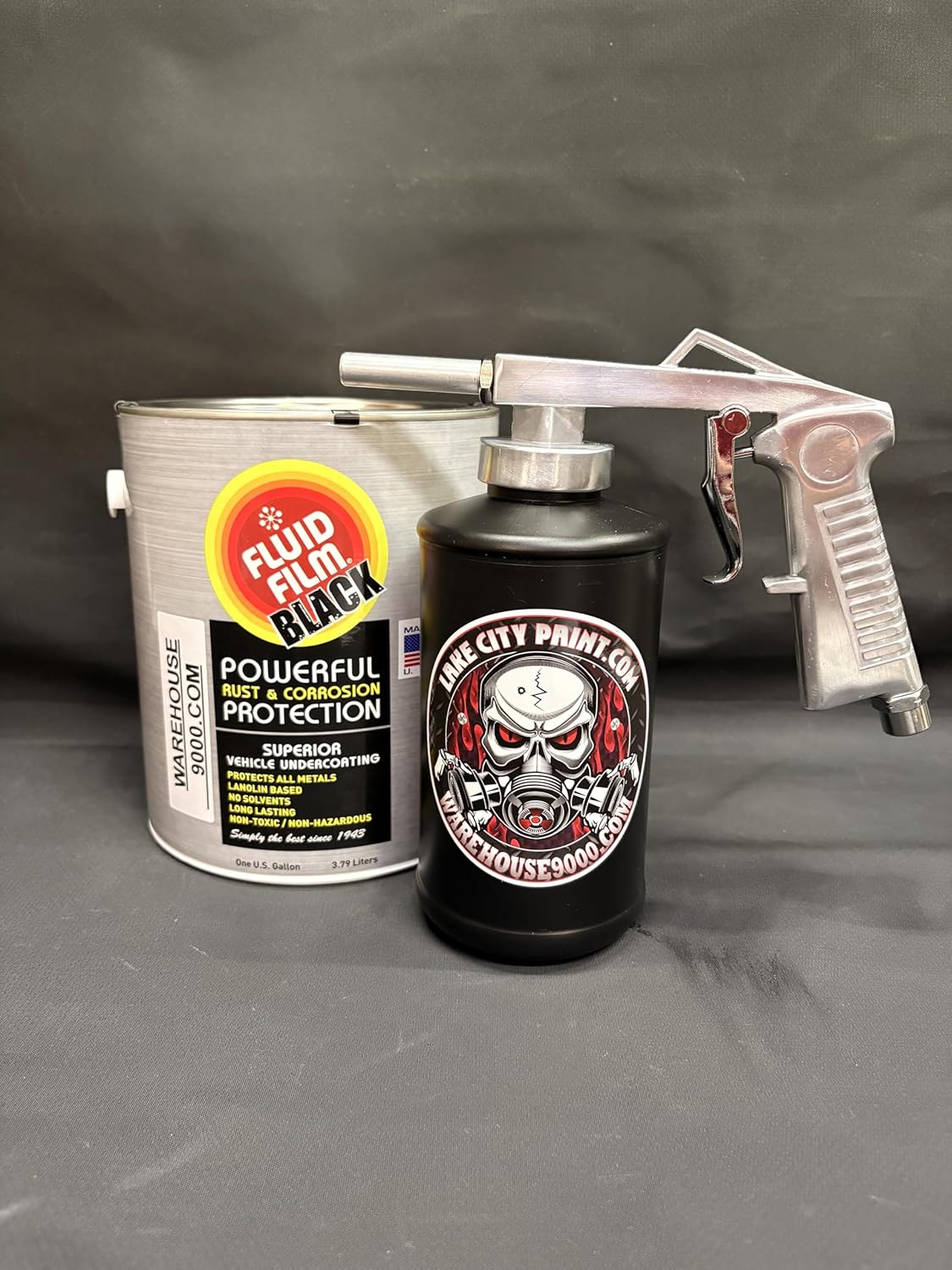 Gallon Black FF Lanolin Undercoating Fluid, Standard Economy Undercoating Gun, and 1 Black Quart Bottle