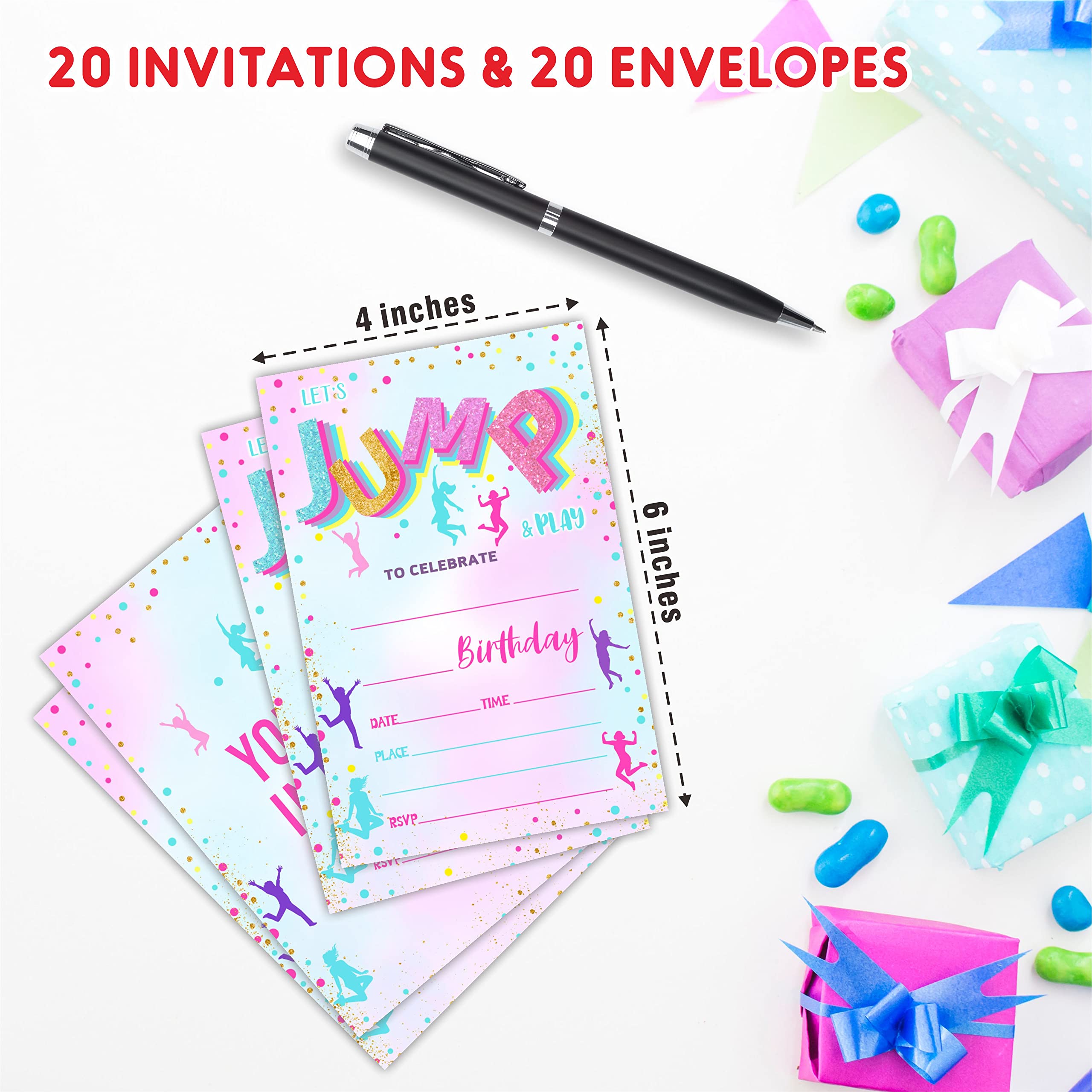AWSICE Let's Jump & Play Birthday Invitations, Trampoline Double-Sided Fill-In Invite Cards For Birthday Party, 20 Invitations With Envelopes, Decorations,Party Favor And Supply-B01