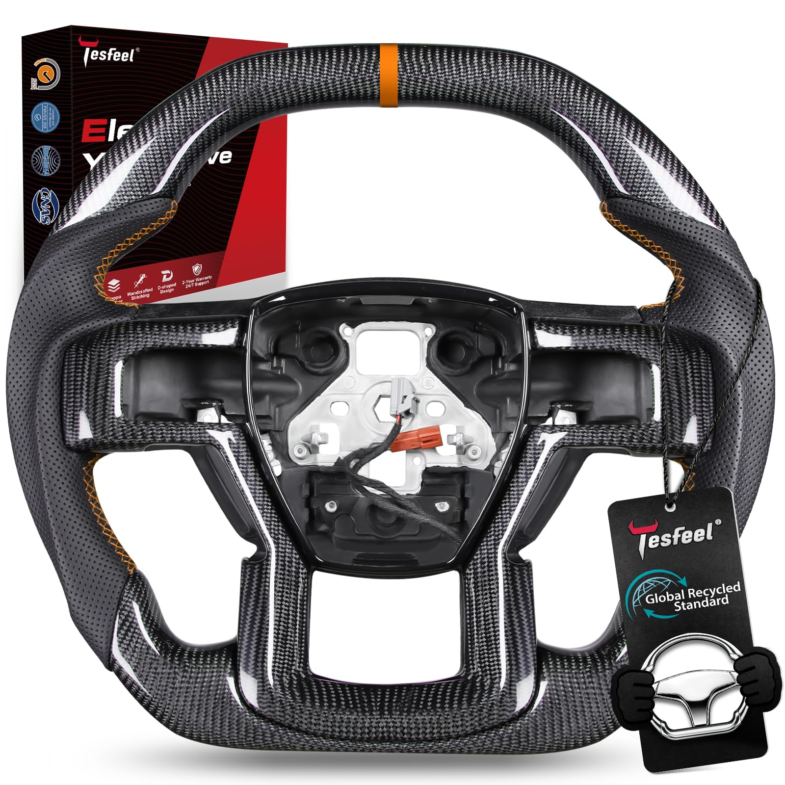 Real Carbon Fiber Steering Wheel for Ford F-150 Raptor 2017-2020 Gen 2, Heated Compatible Double-D Wheel, Orange Stripe & Stitching, Matching Carbon Fiber Accent