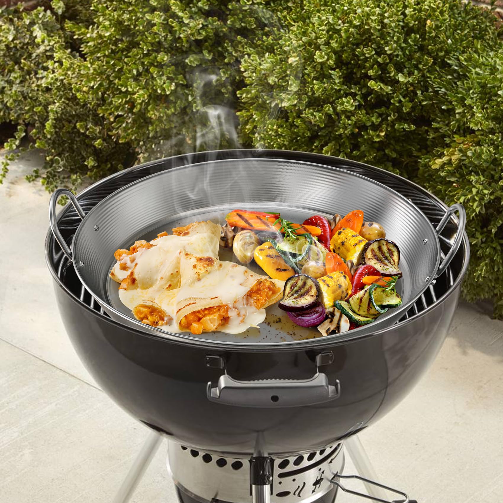 onlyfire 44.5 cm Poêle Ronde en Acier au Carbone pour Barbecue, Plat à Paella Polyvalent avec Poignées, Idéal pour Saisir, Frire et Mijoter sur Grils à Gaz ou Charbon, Robuste et Haute Température
