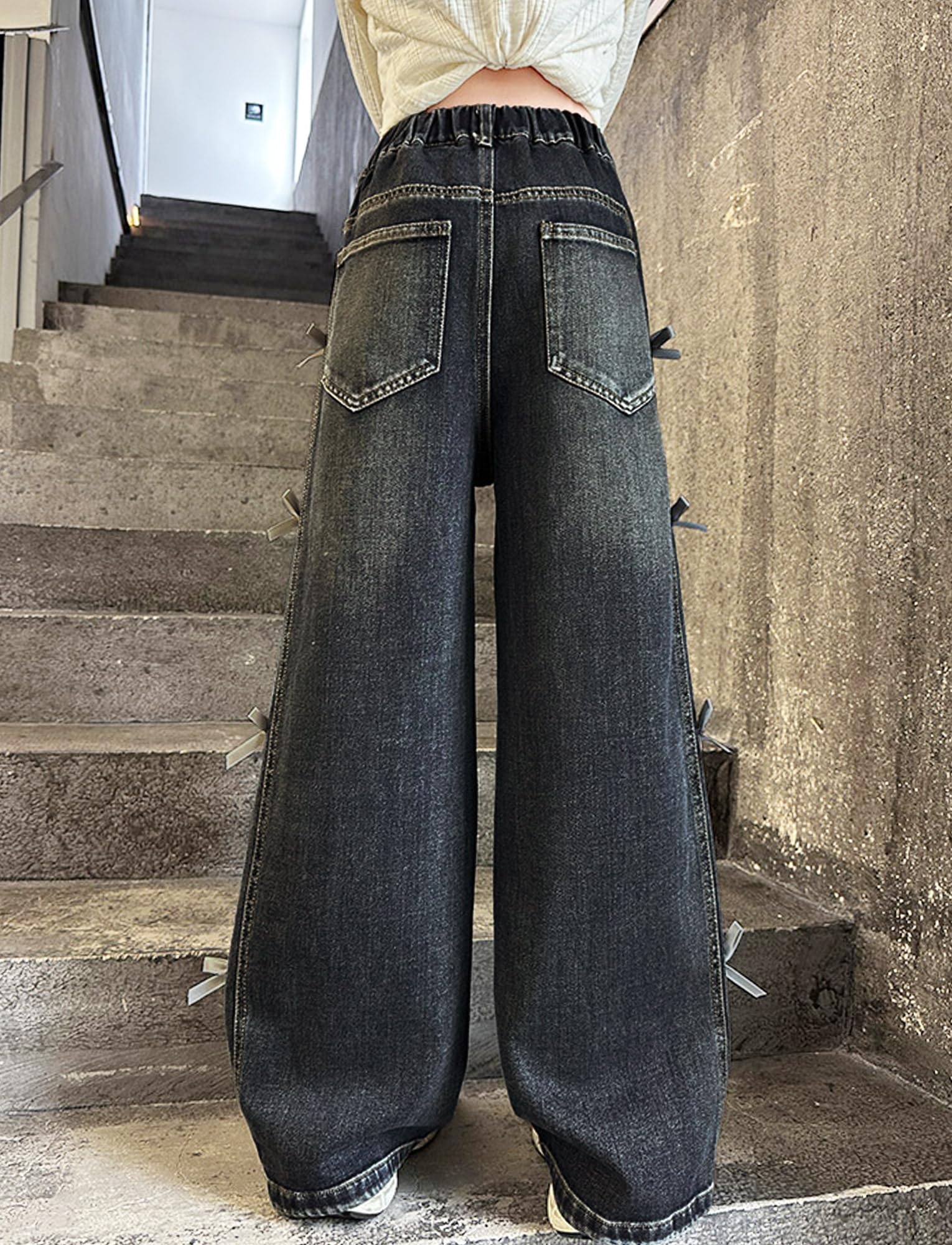FEOYA Jean Fille Baggy Noeud Denim Élastique Stretch Style Coréen 5-13 Ans
