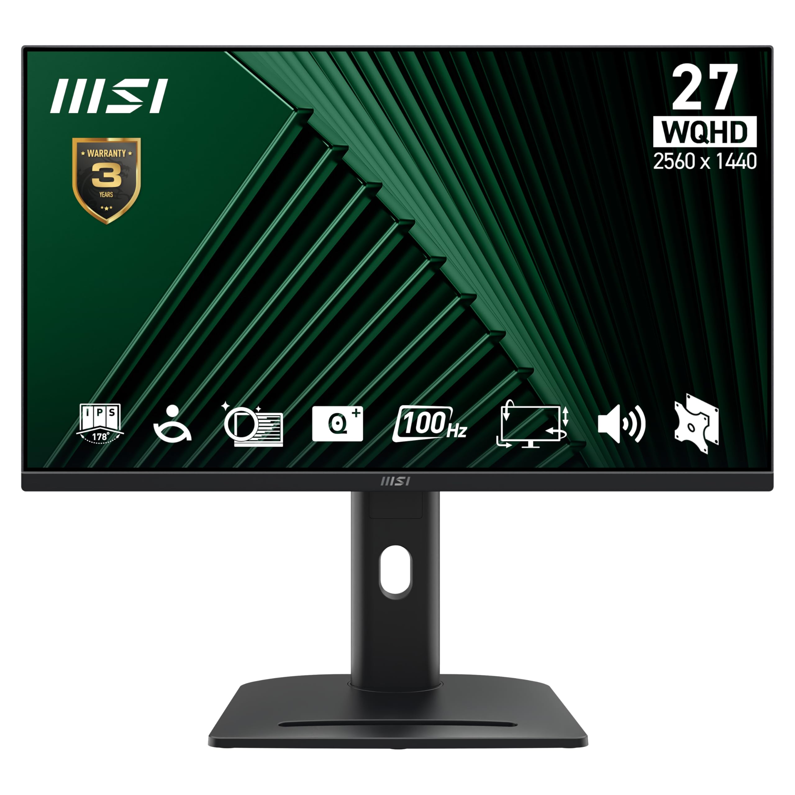 MSI PRO MP275QPG 27 Inch WQHD Office Monitor - 2560 x 1440 IPS Panel, 100Hz, Eye-Friendly Screen, VESA Mountable, Display Kit Support, 4-Way Adjustable - HDMI, DisplayPort