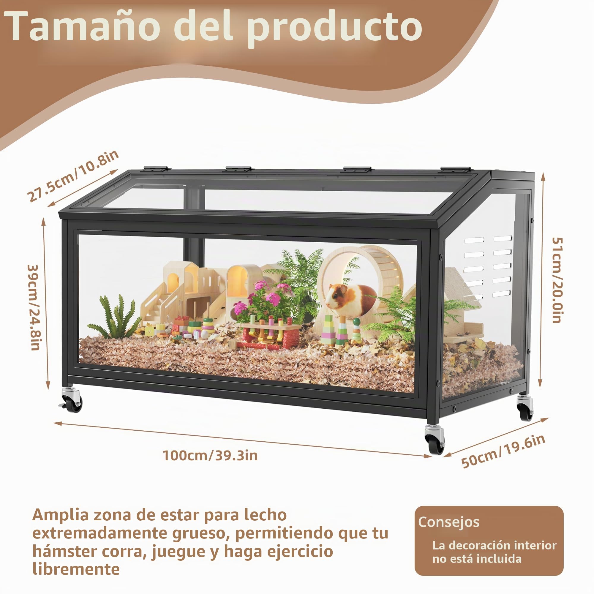 MSFE Jaula Grande para Hámster con Ruedas, 100x51x50cm Metal Espaciosa Hábitat para Animales,Hábitat Transparente para Hámster con Vista de 360°,para Hámsters Enanos Jerbos y Animales Pequeños