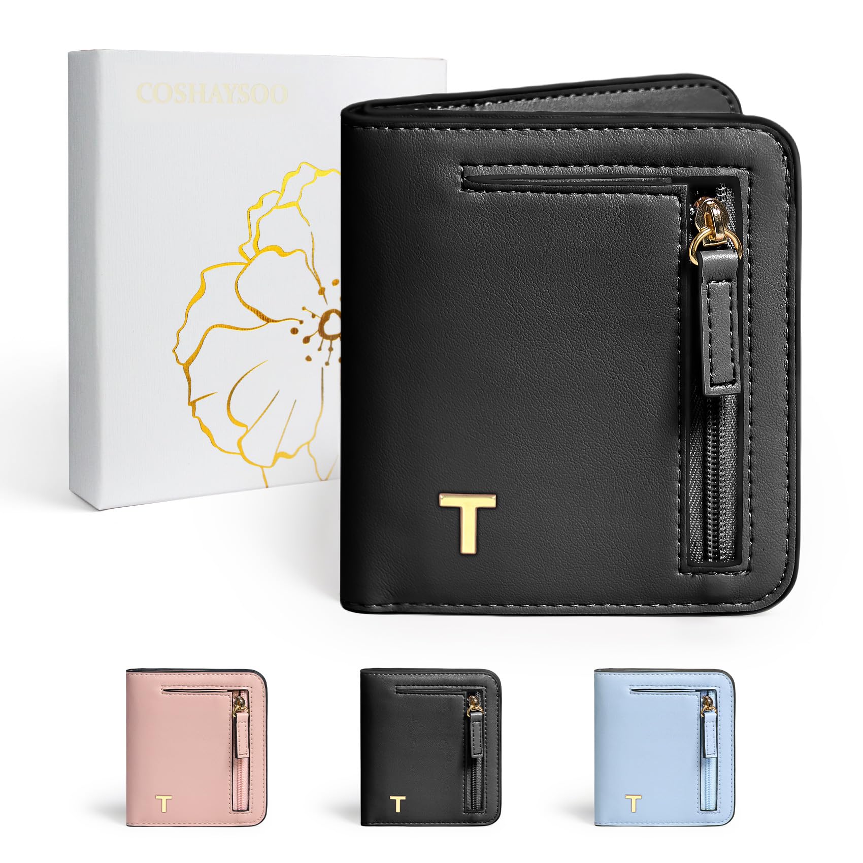 COSHASYOO Womens Initial Letter RFID Small Wallets Monogram Slim Thin Ladies Wallet Travel Credit Card Cash Coin Holder, Women Fashion Accessories Daily Use Outfits Essentials Cool Gifts Black T